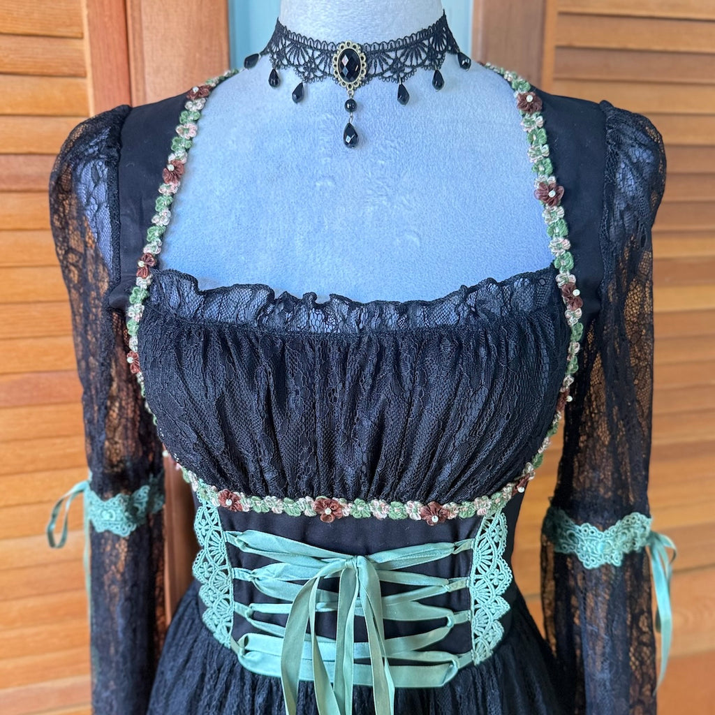 Gothic Fairy Dolls Kill Black Lace Green Lace Up Panel Dress