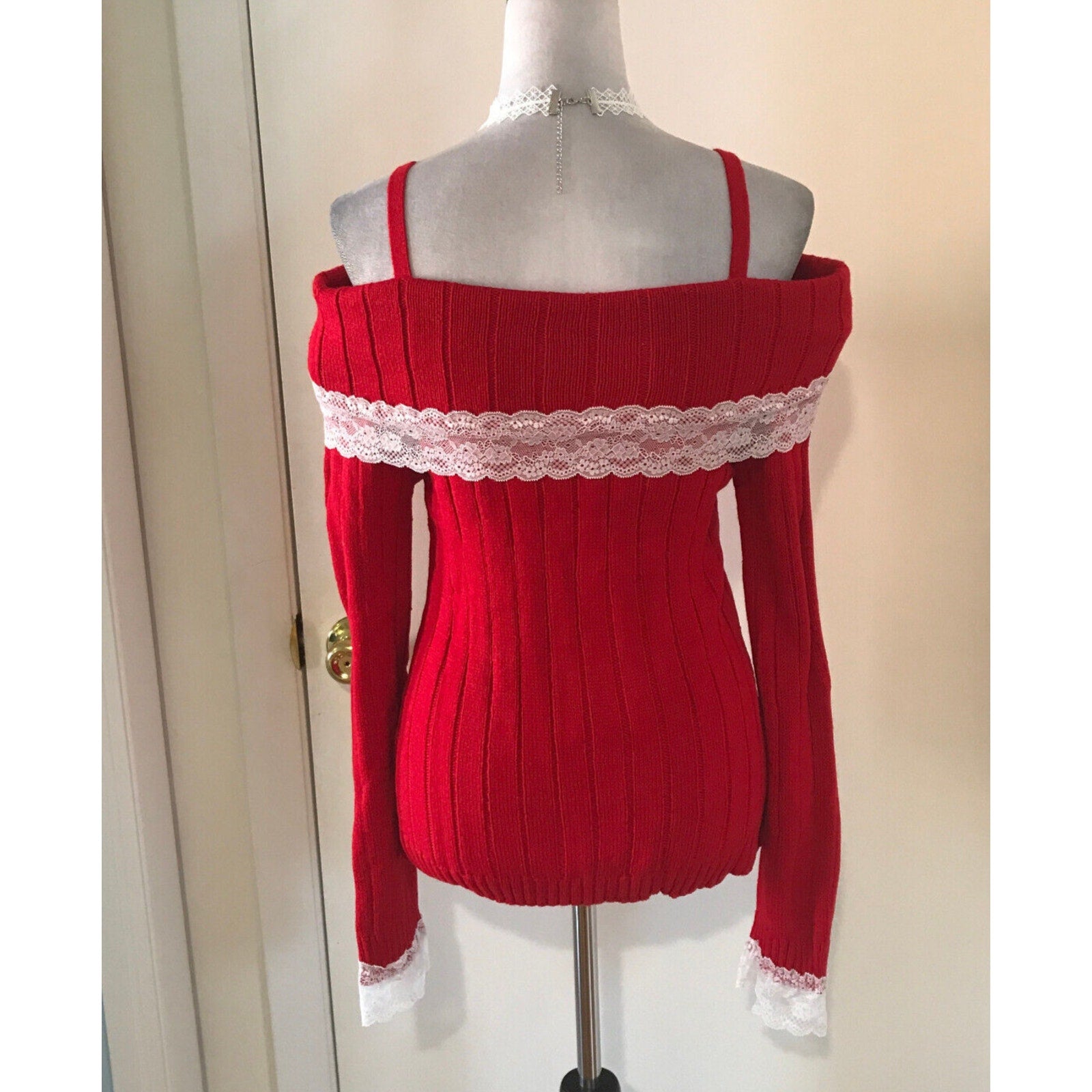 Victorian Lolita Kawaii J-fashion Red Fold-Over White Lace Sweater S