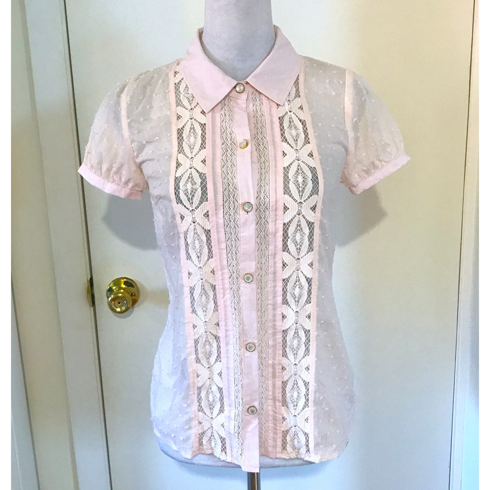 Whimsigoth Victorian Lolita Steampunk Pink Cotton Floral Lace Shirt S