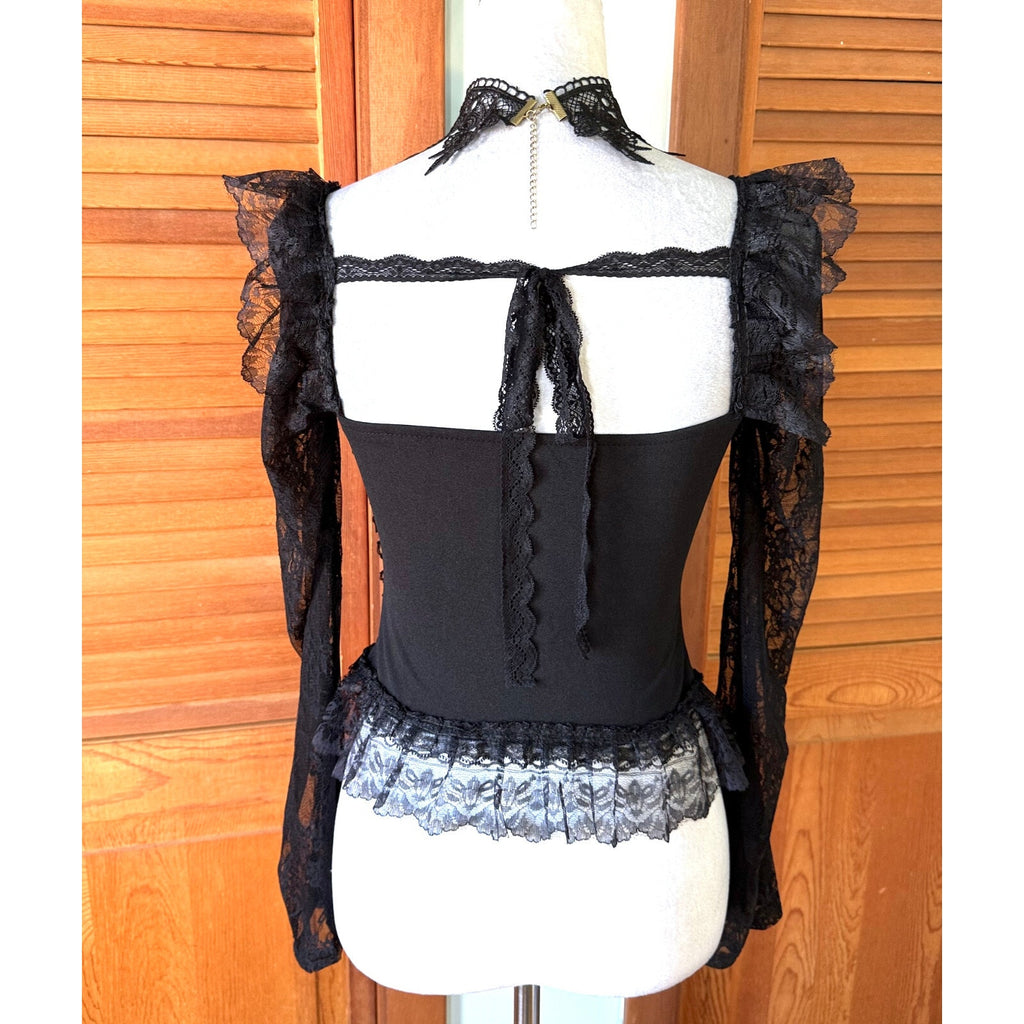 Gothic Victorian Vampire Cross Black & Red Lace Trim Long Sleeve Top