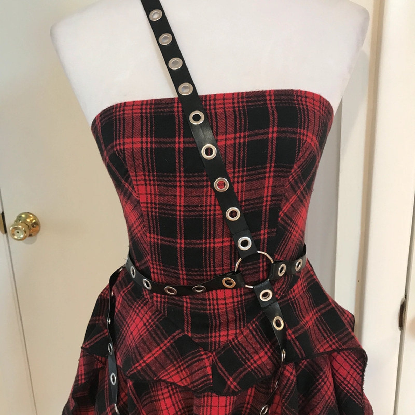 Punk Goth Visual Kei Red Plaid Tartan Pixie Hem Shoulder Strap Dress S