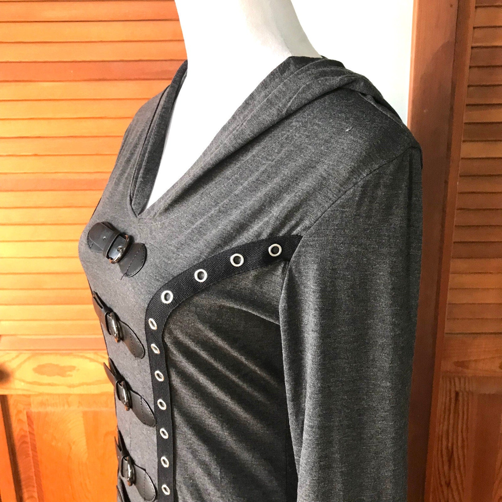 Goth Punk Emo Witchy Y2K Hooded Gray Buckle High-Low Duster Jacket Top Dress S