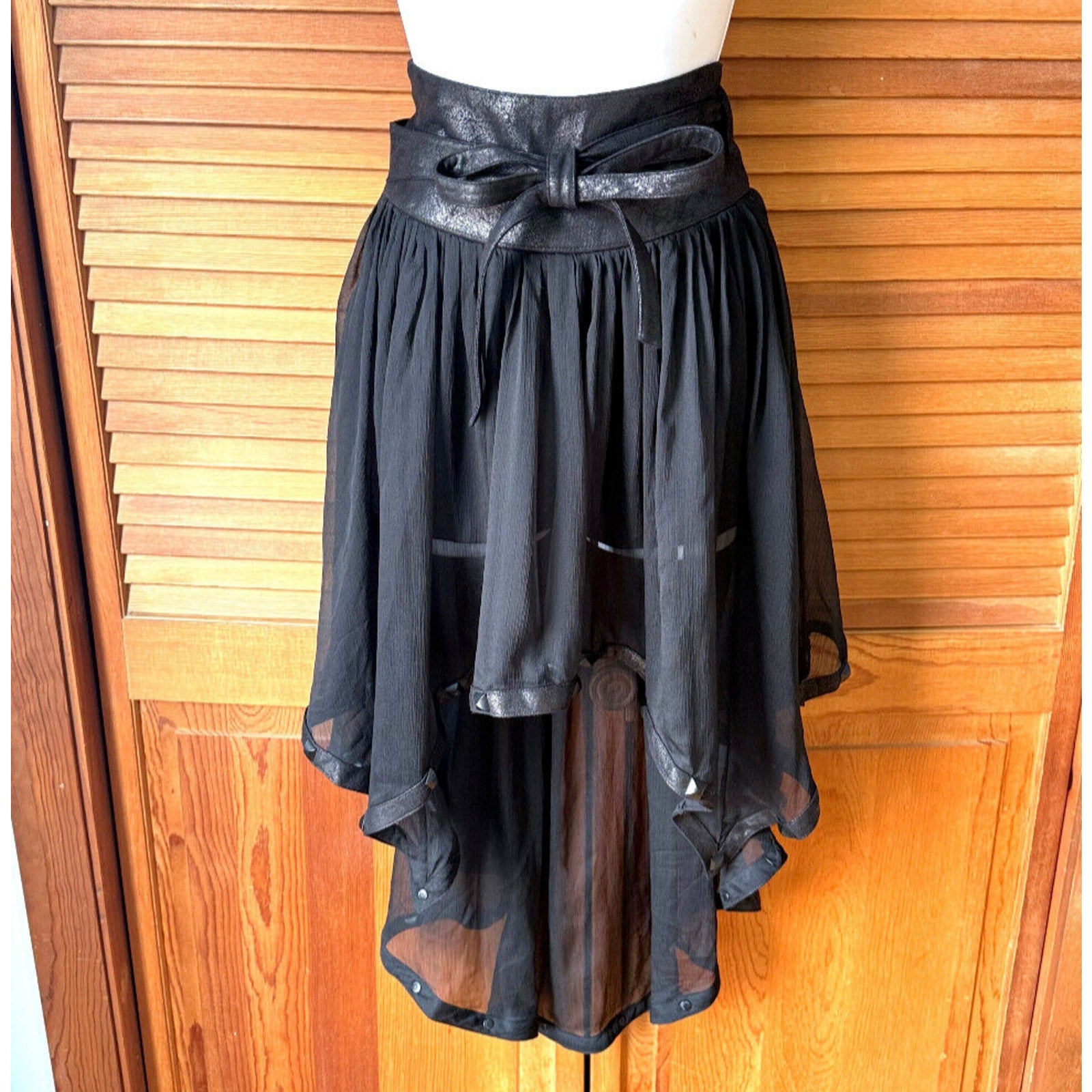 Punk Rave Gothic Victorian Steampunk Black Chiffon Faux Leather Skirt S-M