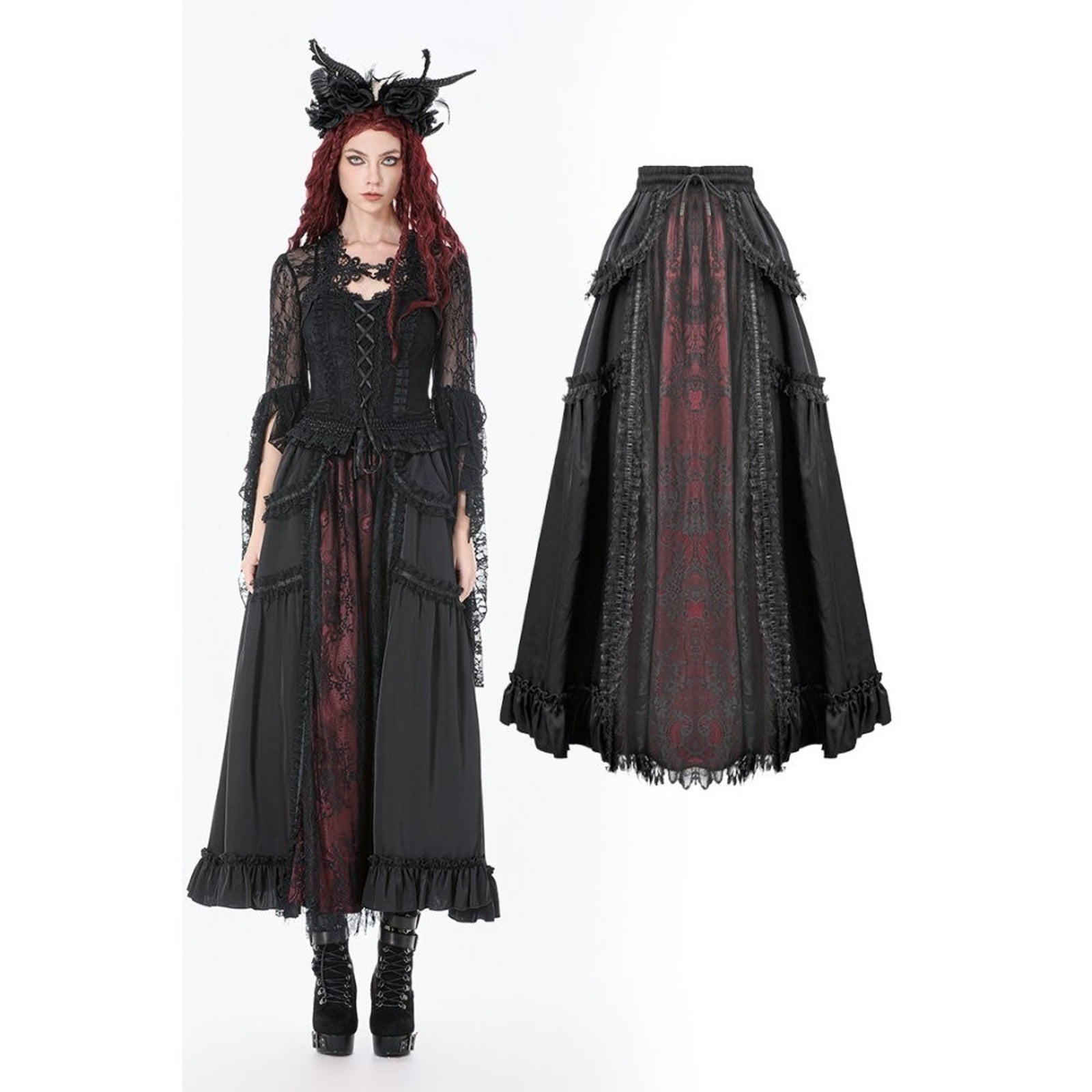 Dark in Love Gothic Victorian Vampire Vkei Black & Red Satin Ruffle Lace Skirt