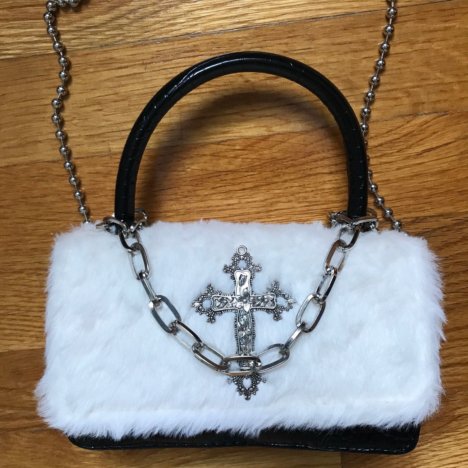 Gothic Punk Victorian Vkei Faux Fur Black Faux Leather Cross Chain Purse Bag