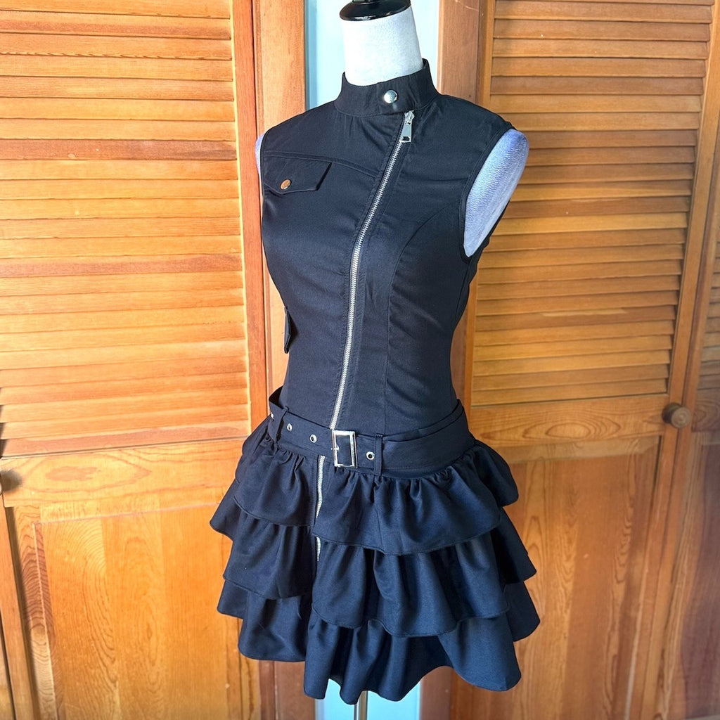 Punk Goth Lolita Cute x Military Black Zipper Halter Belted Mini Dress