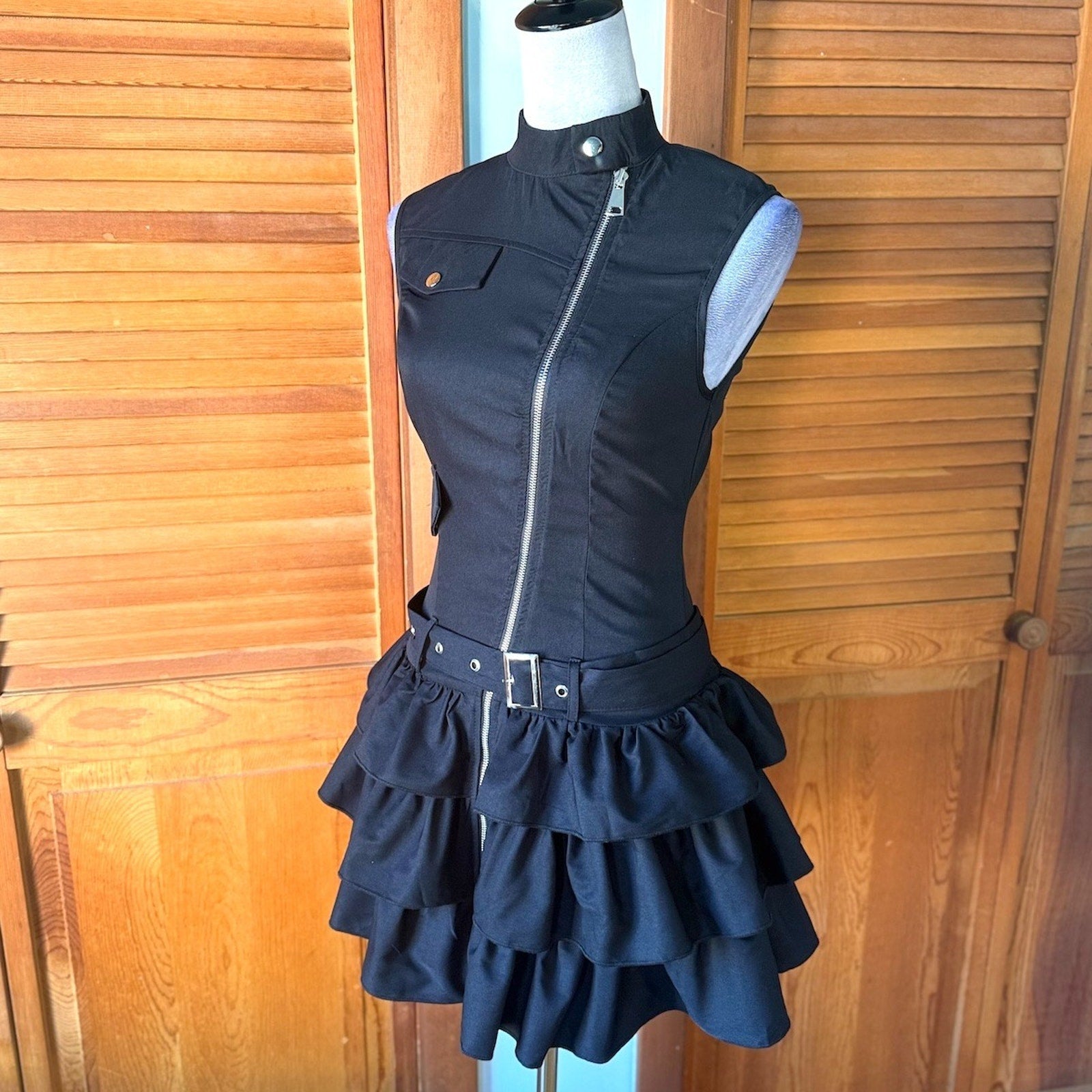 Punk Goth Lolita Cute x Military Black Zipper Halter Belted Mini Dress