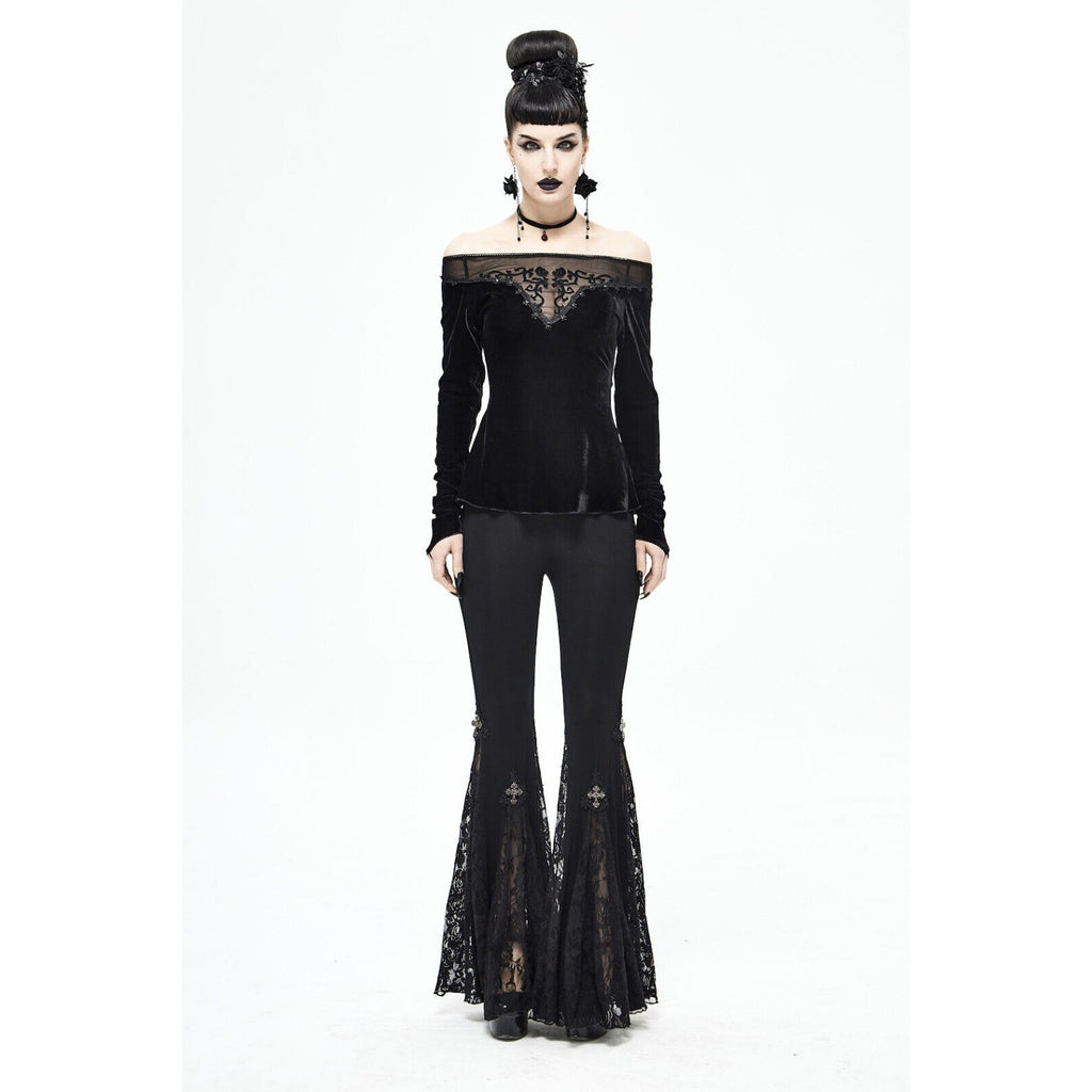 Devil Fashion Gothic Victorian Black Velvet Rose Diva Long Sleeve Top