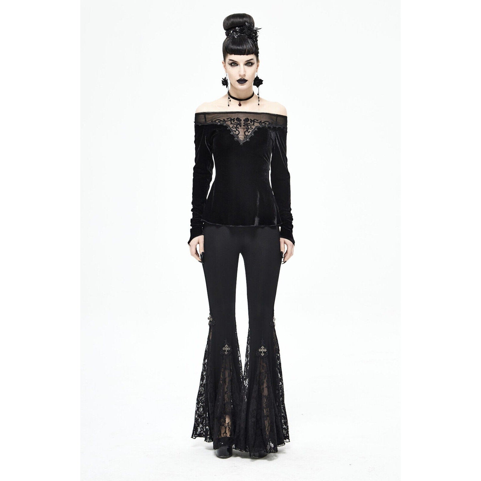 Devil Fashion Gothic Victorian Black Velvet Rose Diva Long Sleeve Top