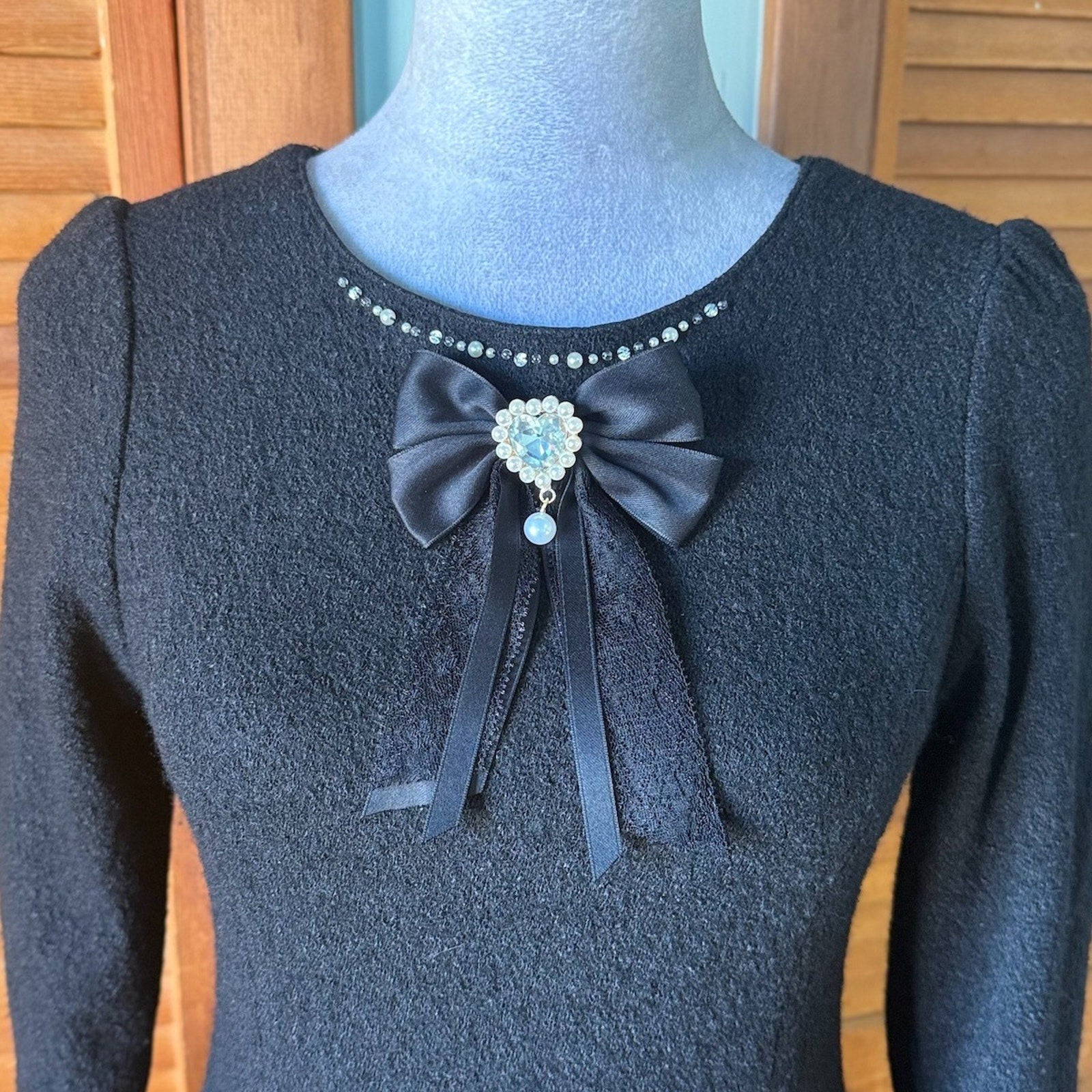 Lodispotto J-fashion Gyaru Jirai Black Wool Blend Beaded Bow Winter Dress M