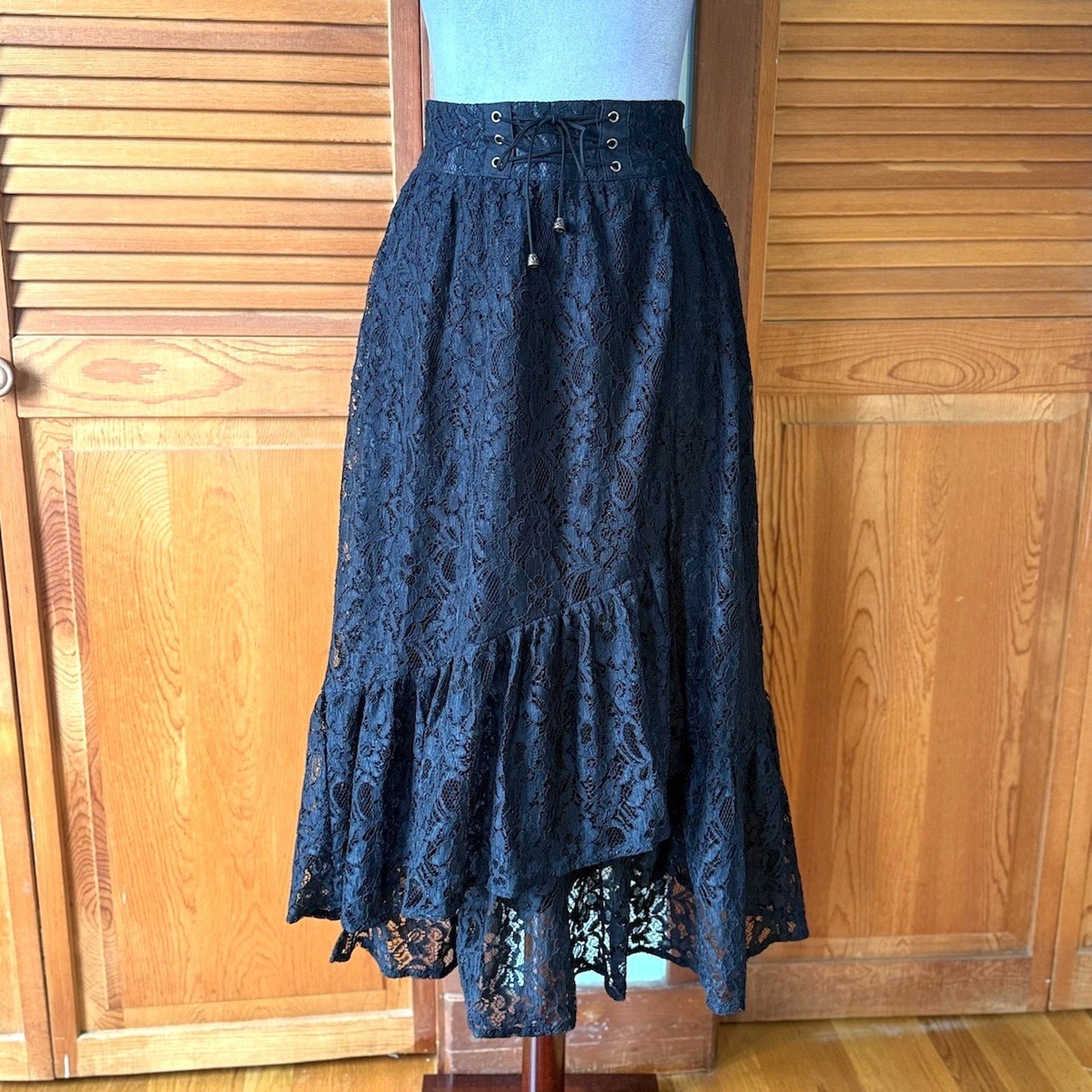 Axes Femme J-fashion Gyaru Himekaji Goth EGL Dollcore Black Lace Midi Skirt S-M