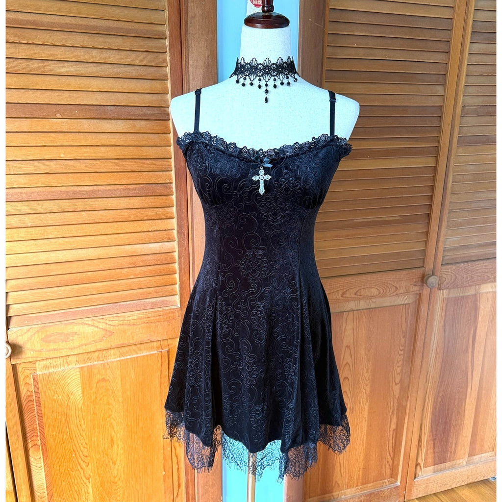 Gothic Lolita Victorian My Summer Woes Black Soft Jacquard Velvet Mini Dress S