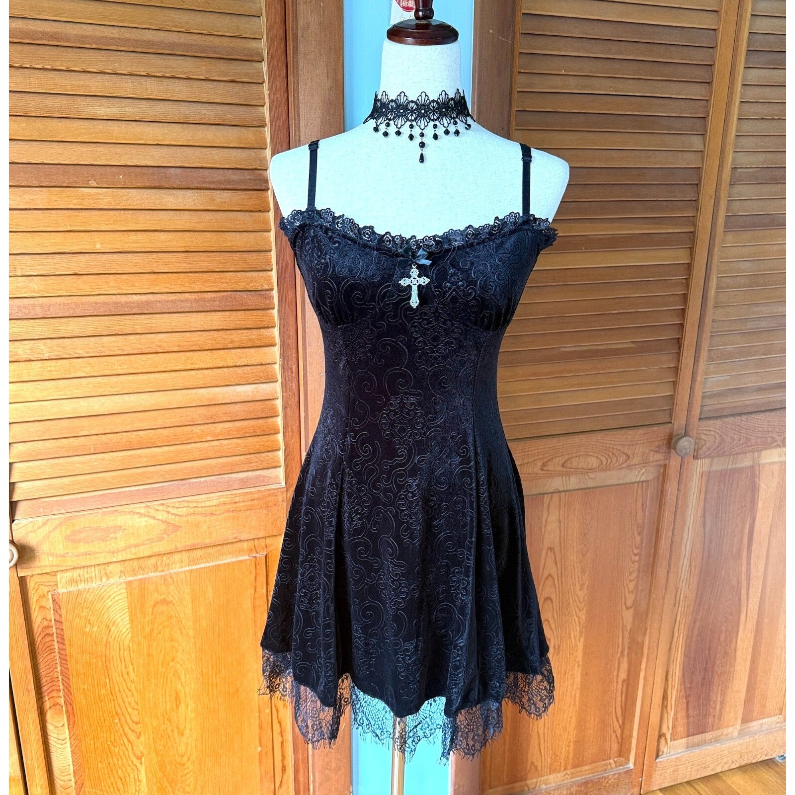 Gothic Lolita Victorian My Summer Woes Black Soft Jacquard Velvet Mini Dress S