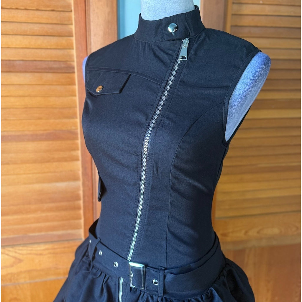 Punk Goth Lolita Cute x Military Black Zipper Halter Belted Mini Dress