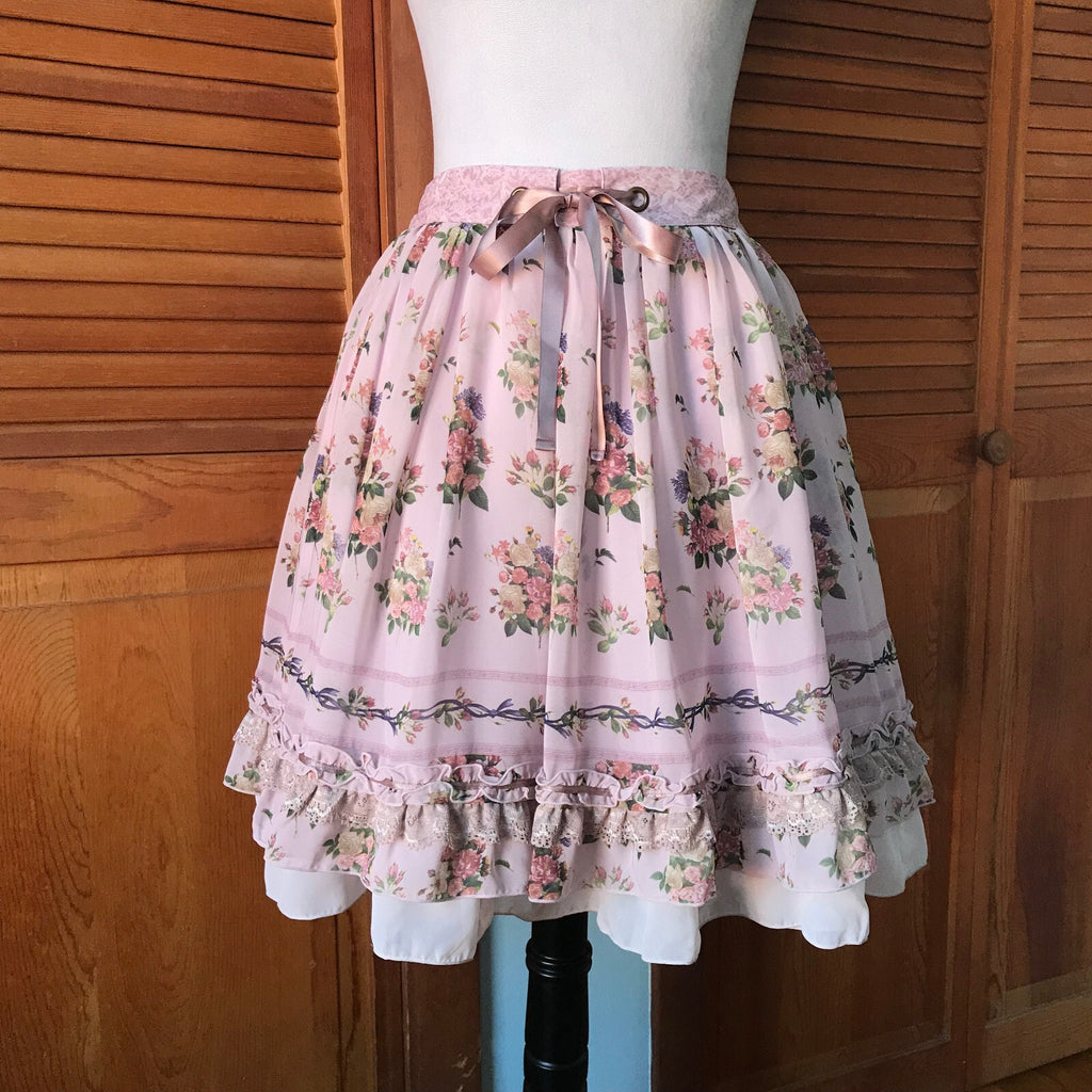 Axes Femme Lolita Victorian Kawaii Dollcore Pink Flowers & Ruffles Skirt M