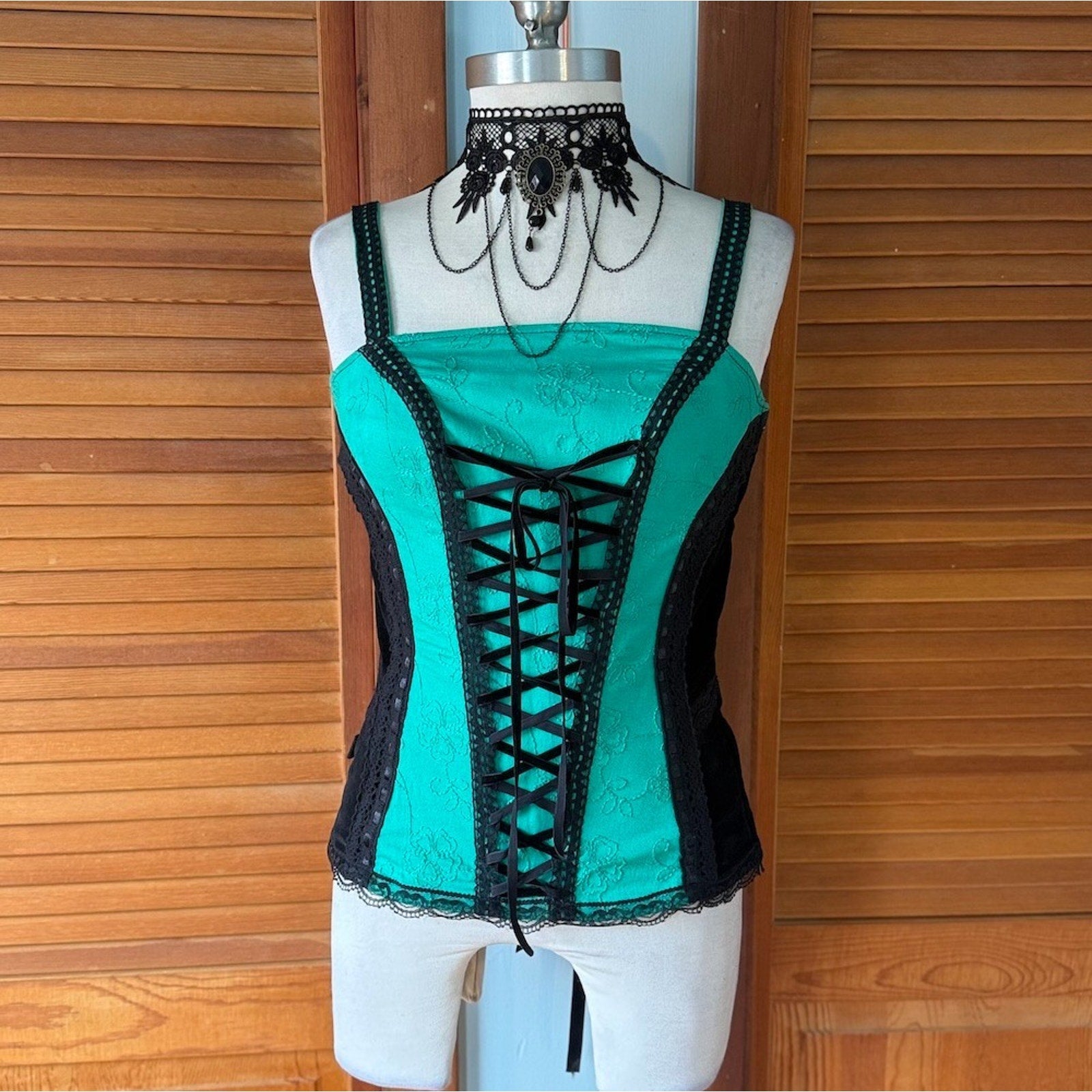 Vintage Tripp NYC Black Velvet Green Jacquard Lace Up Front & Back Corset Top L