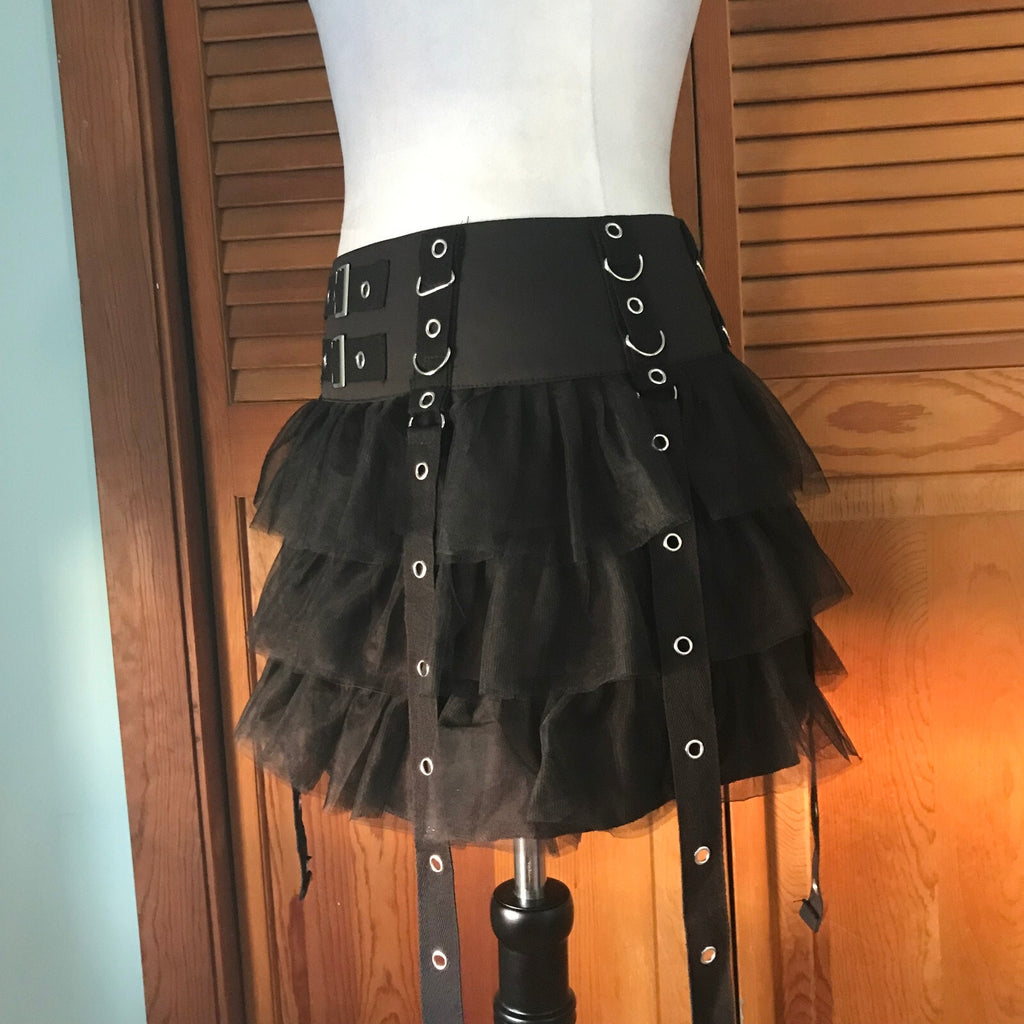 Goth Punk Visual Kei Black Buckle & Strap Ruffle Mini Skirt S