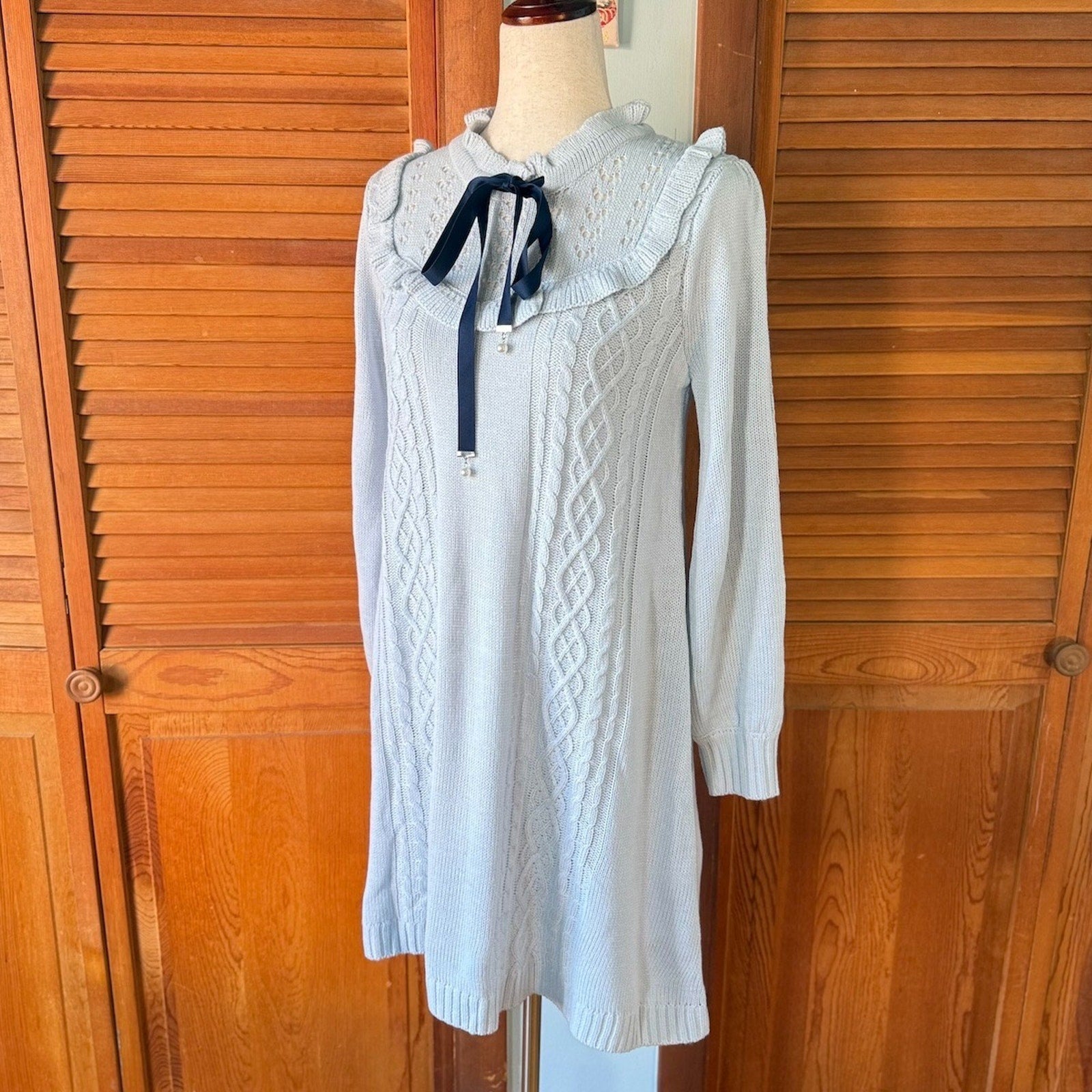 J-fashion Axes Femme Gyaru Kawaii Cottage Light Blue Sweater Dress w/ Bow M