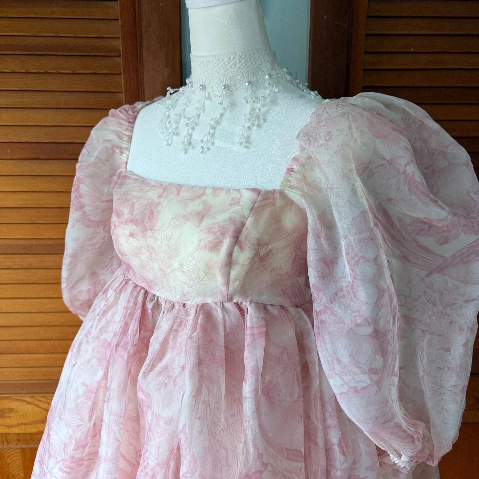 Selkie Cottagecore Romantic Fairycore Pink Floral Puff Sleeve Dress S
