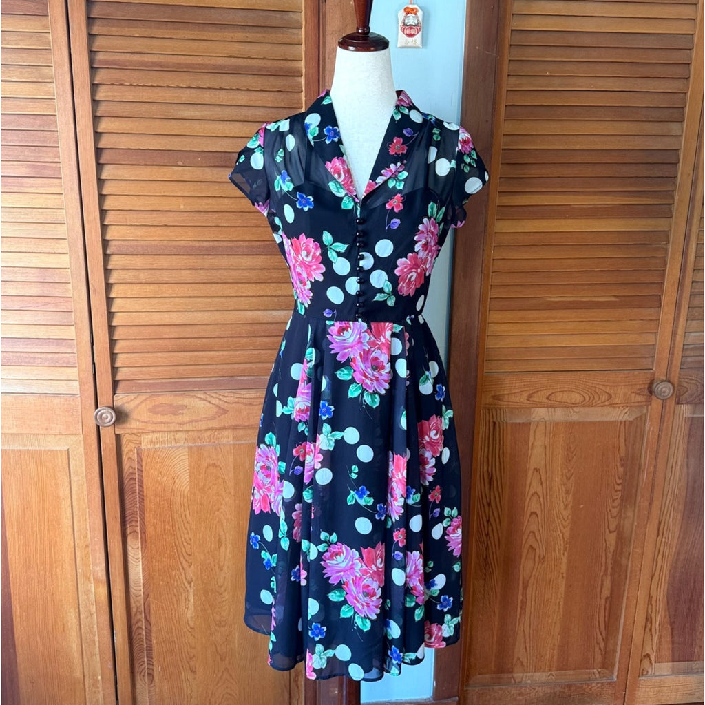 Hell Bunny Black Pink Rose Dark Cottage Retro Romantic Feminine Dress XS