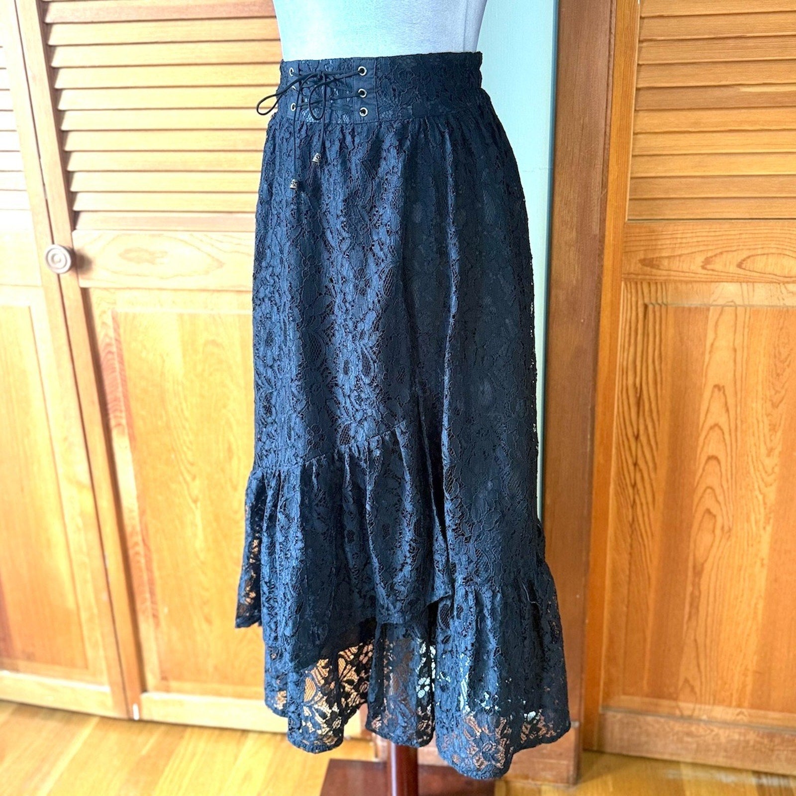 Axes Femme J-fashion Gyaru Himekaji Goth EGL Dollcore Black Lace Midi Skirt S-M