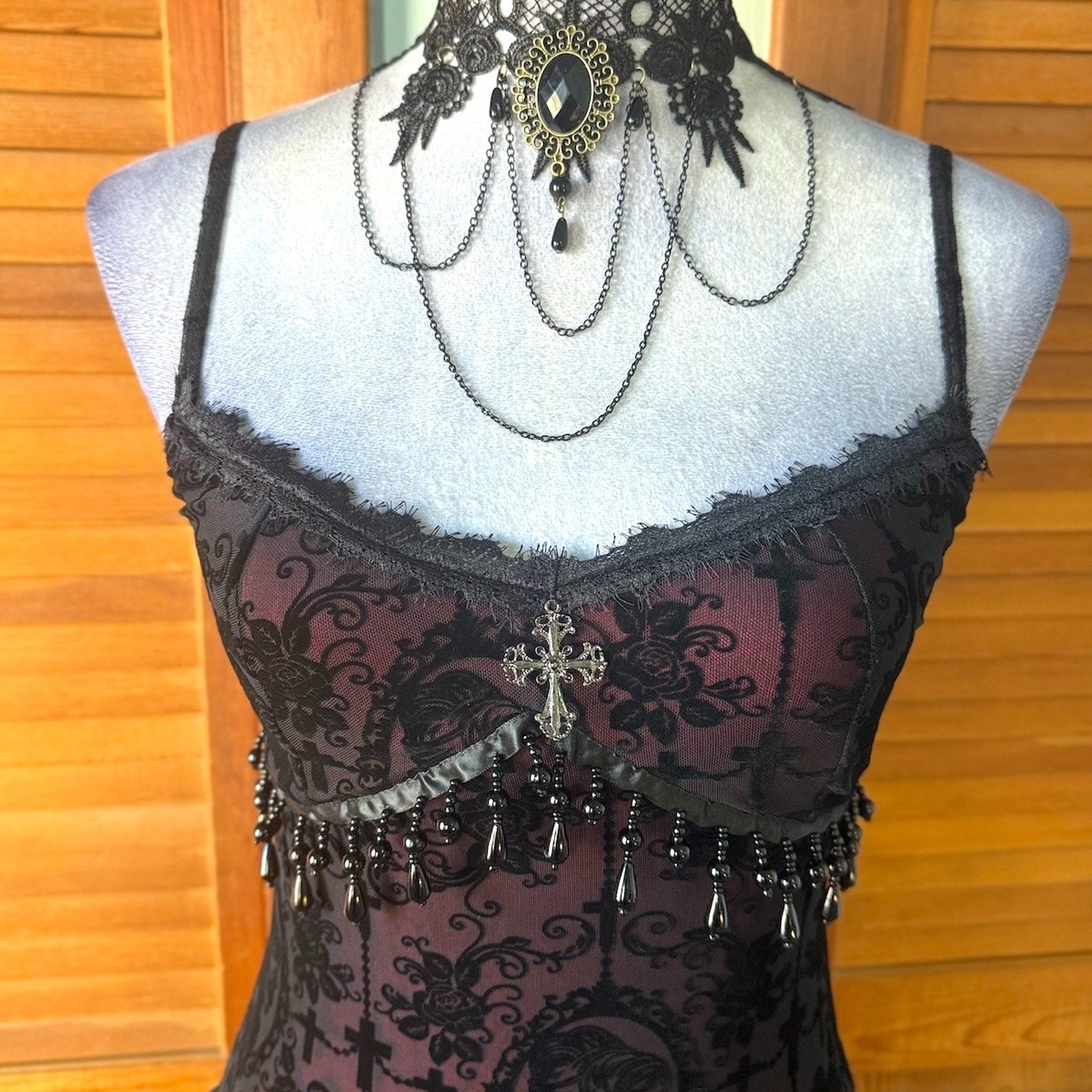 Gothic Victorian Vampire Everlasting Melancholy Cross Beads & Ruffles Dress