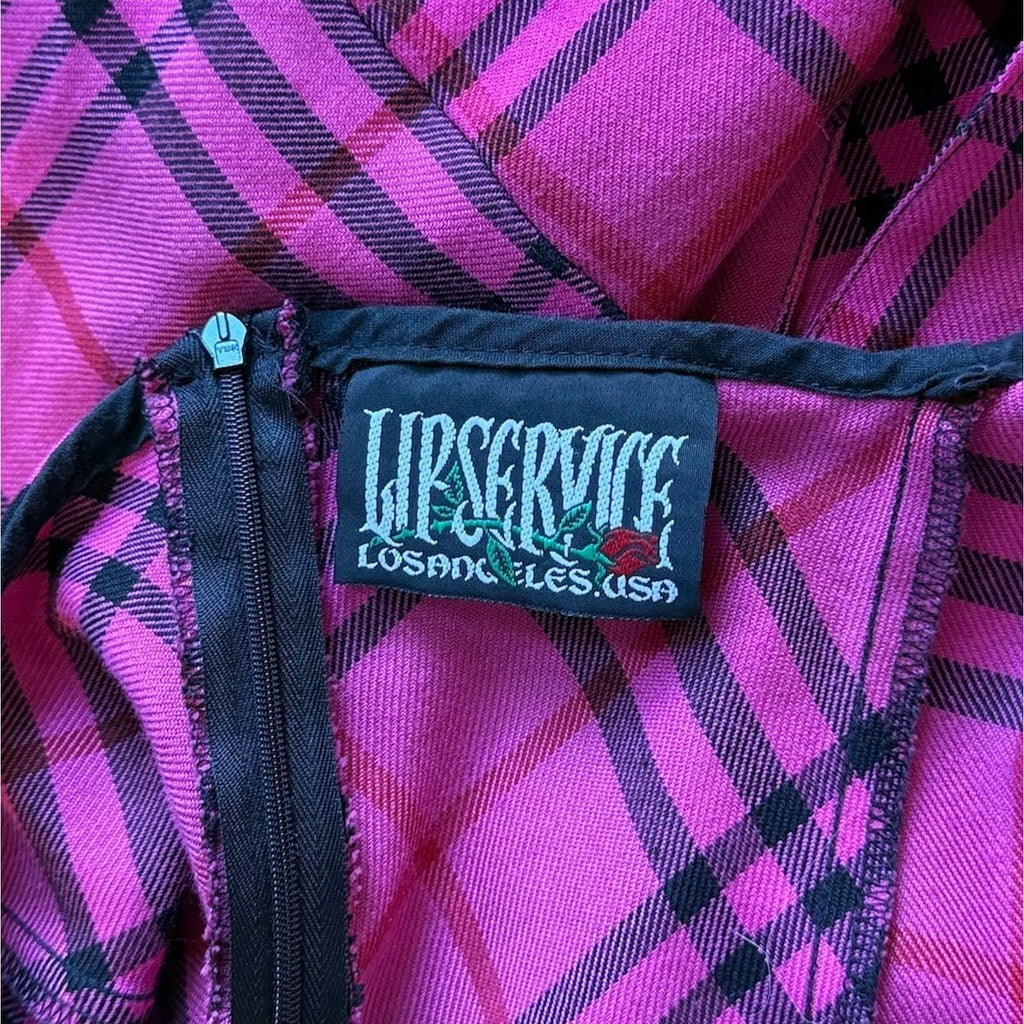 Vintage Lip Service Punk Goth Pink Plaid Lace-Up Hooks Dress Size 16