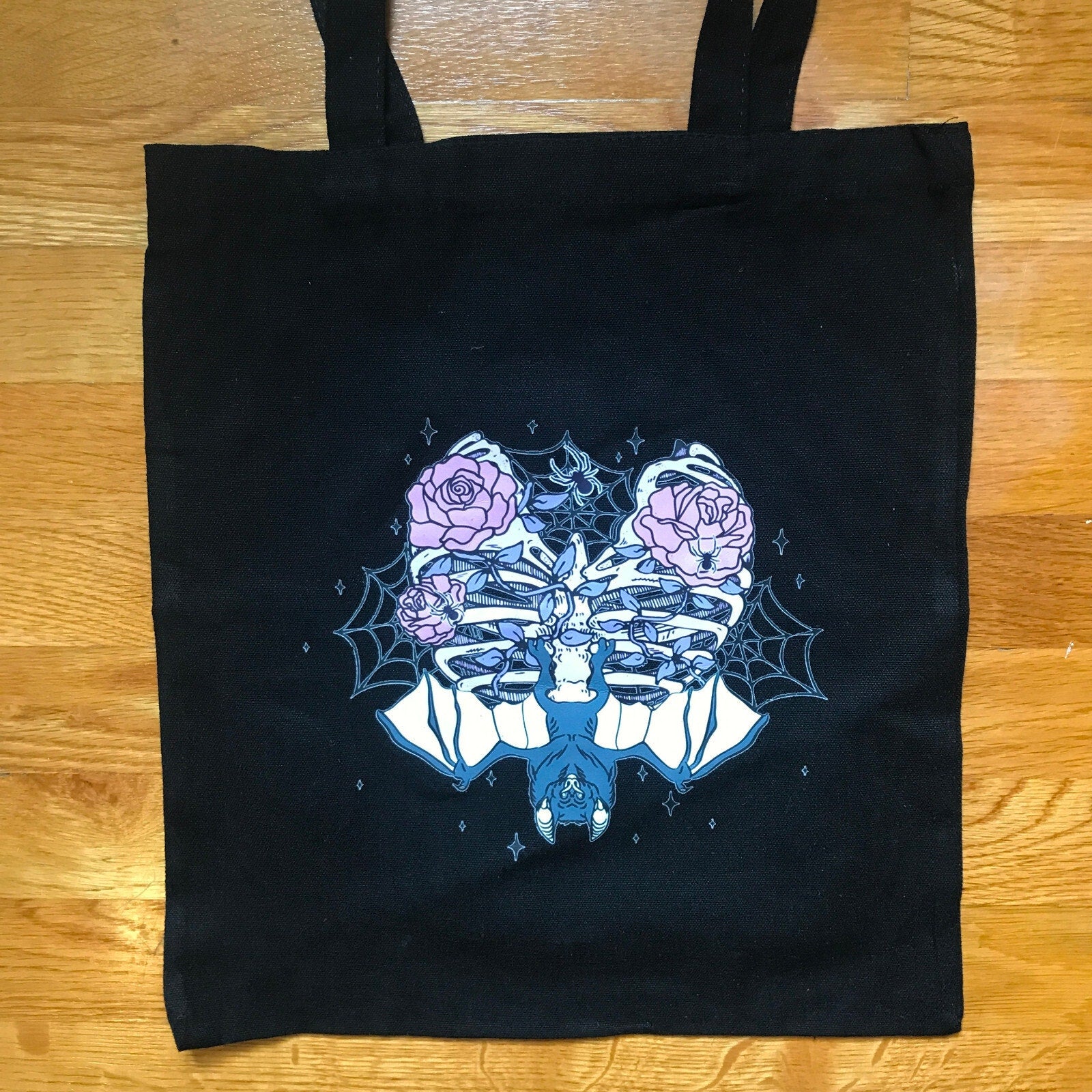 Gothic Lolita EGL Punk Pink & Black Rib Cage Roses & Bat Skelton Tote Bag