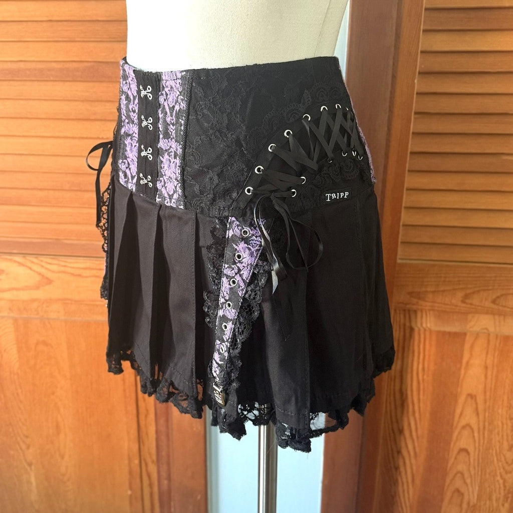 Tripp NYC Goth Punk Emo Lolita Black & Purple Lace Up Garter Mini Skirt