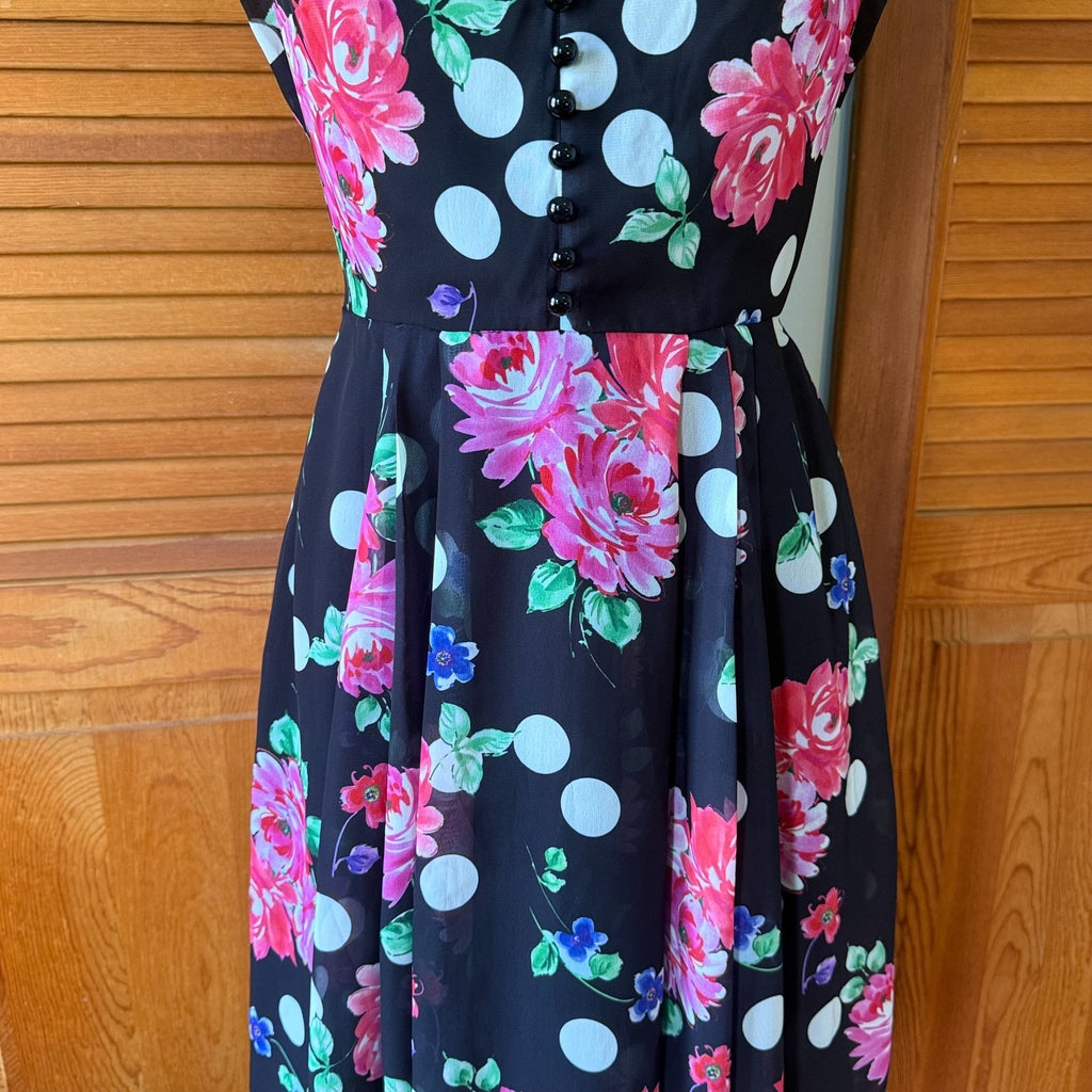 Hell Bunny Black Pink Rose Dark Cottage Retro Romantic Feminine Dress XS