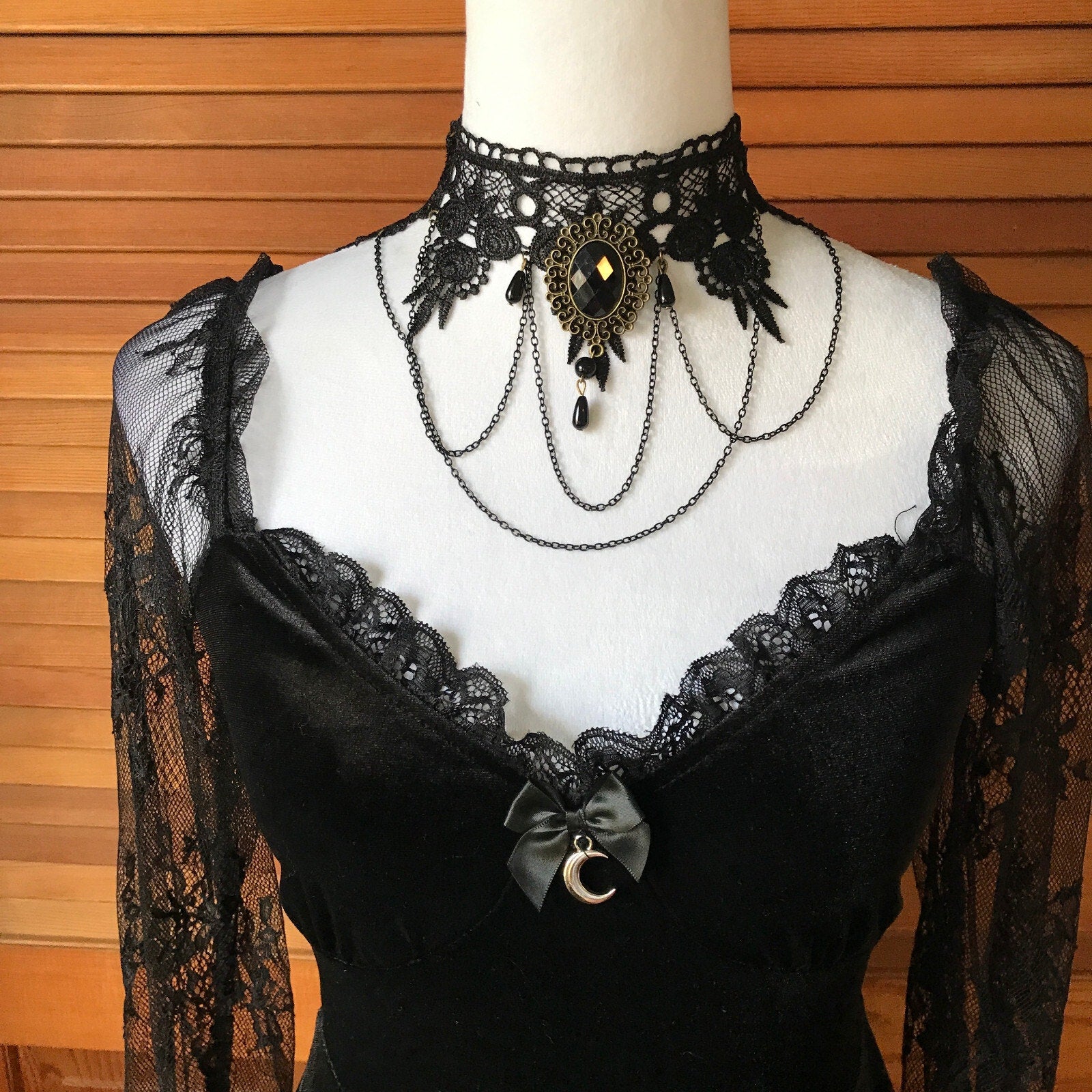 Gothic Victorian Dark Side of the Moon Black Velvet & Lace Dress