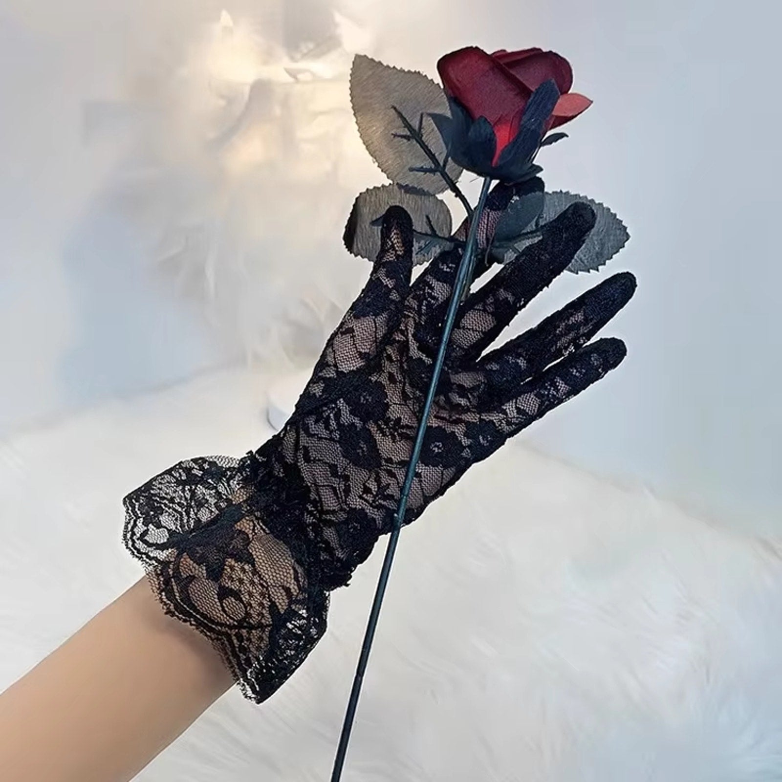 Gothic Victorian Lolita EGL Lolita Vampire Black Fishnet Lace & Bow Gloves