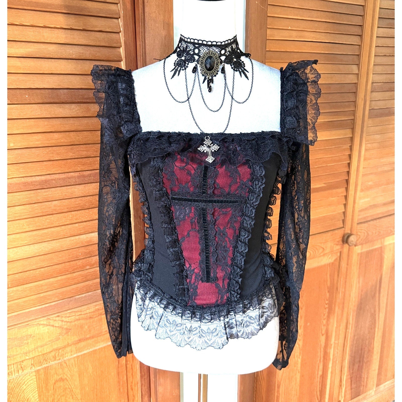 Gothic Victorian Vampire Cross Black & Red Lace Trim Long Sleeve Top