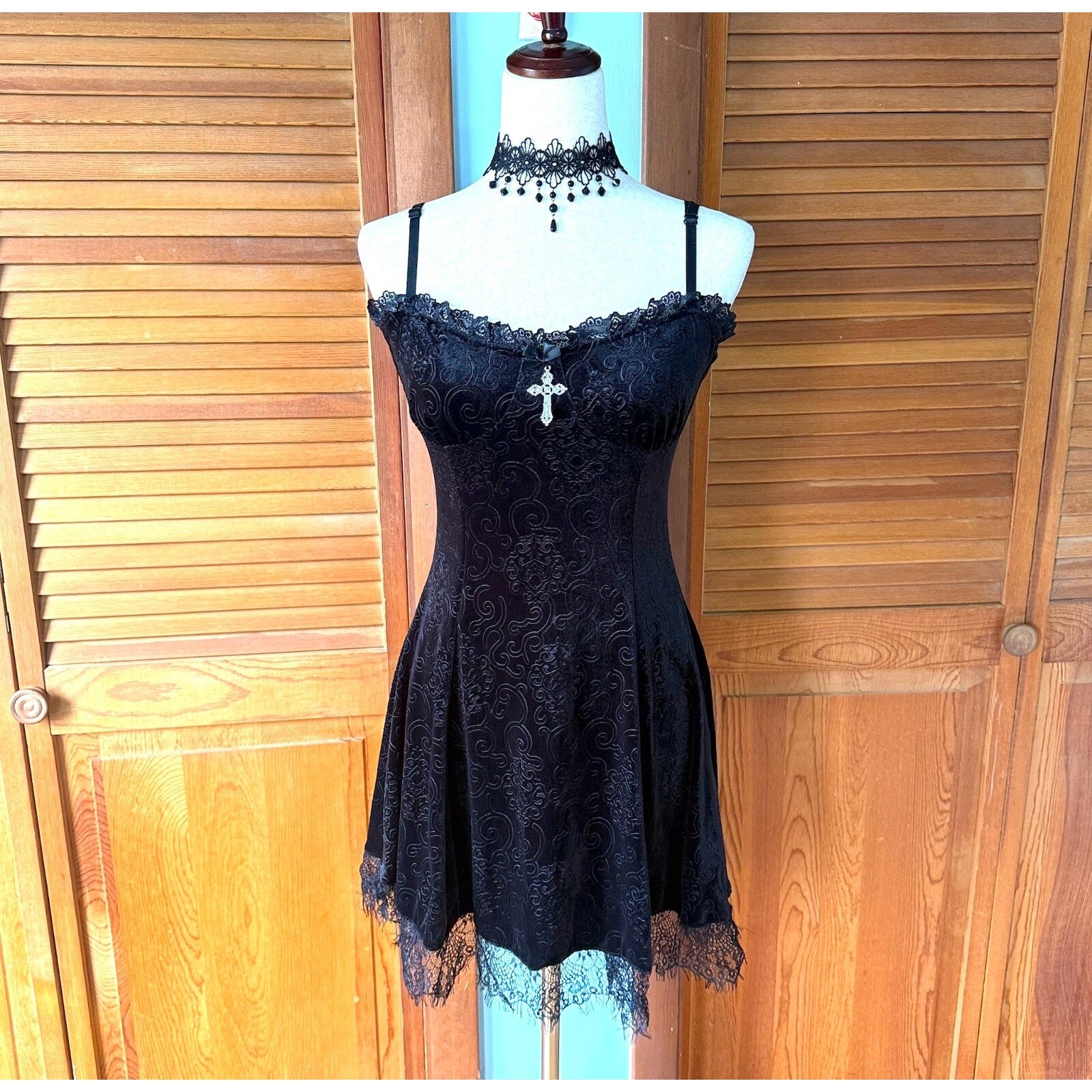 Gothic Lolita Victorian My Summer Woes Black Soft Jacquard Velvet Mini Dress S