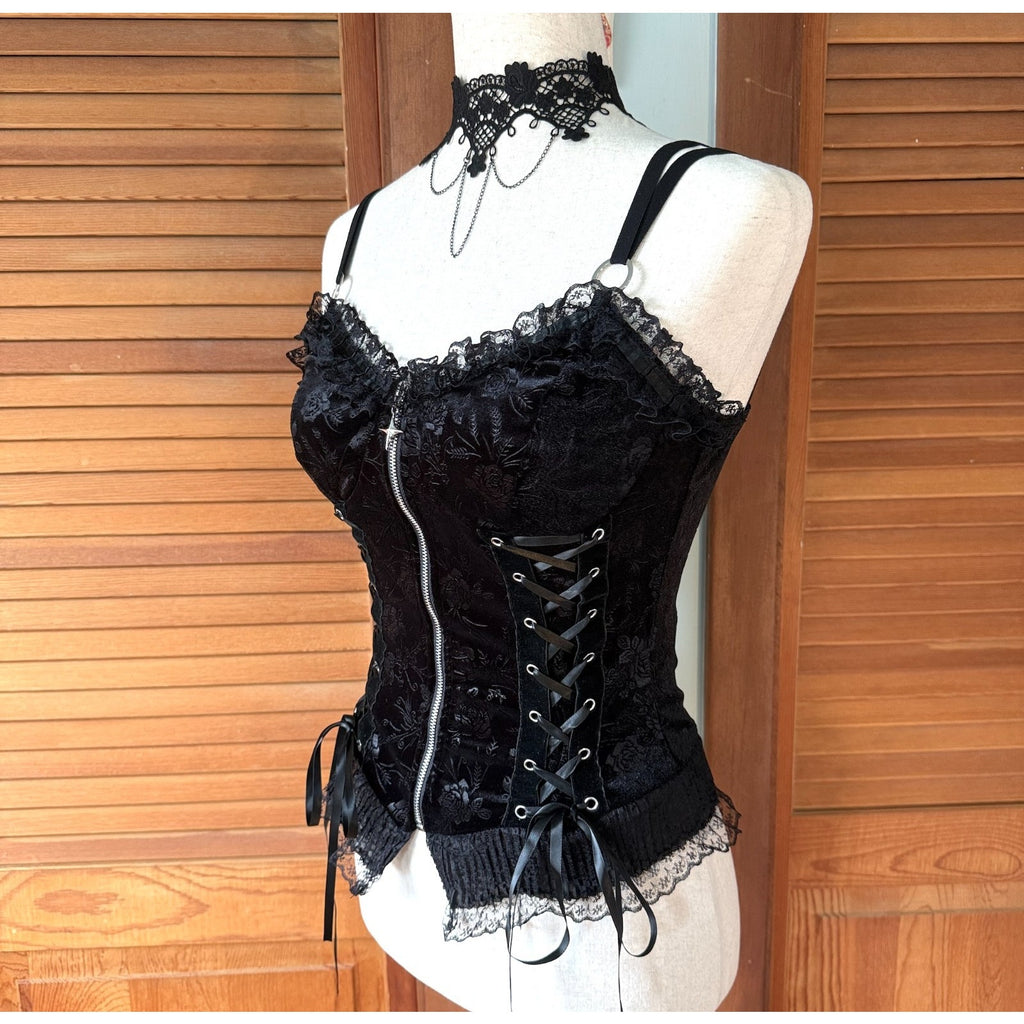 Gothic Lolita Victorian Vkei Vampire Black Rose Velvet Lace-up Cami Top