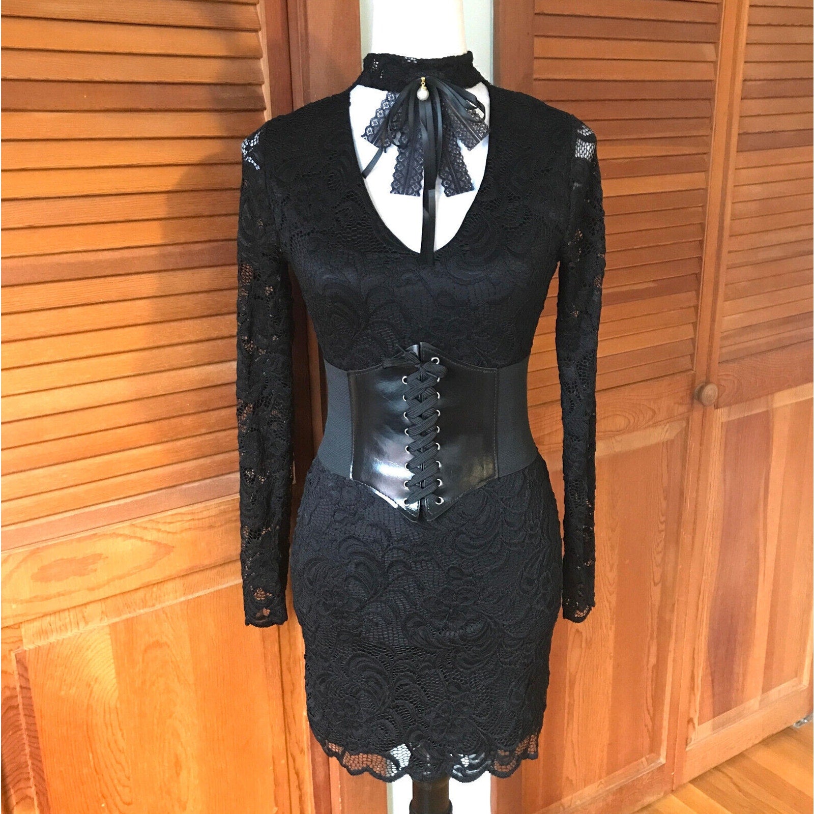 Gothic Victorian Black Lace Revamped Mini Dress w/ Cincher Belt S