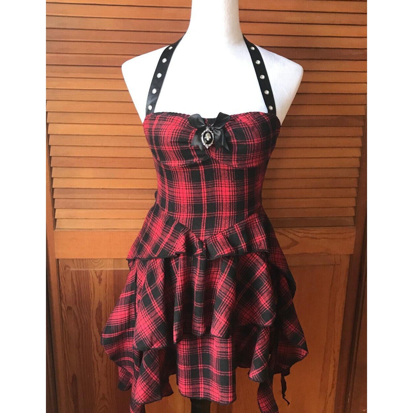 Punk Goth Red Plaid Tartan Pixie Hem Shoulder Strap Dress M