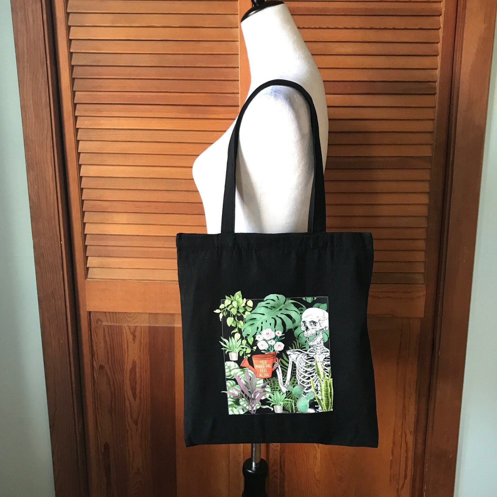 Garden Goth Punk Alive Black Skeleton Watering Flowers Canvas Tote Back