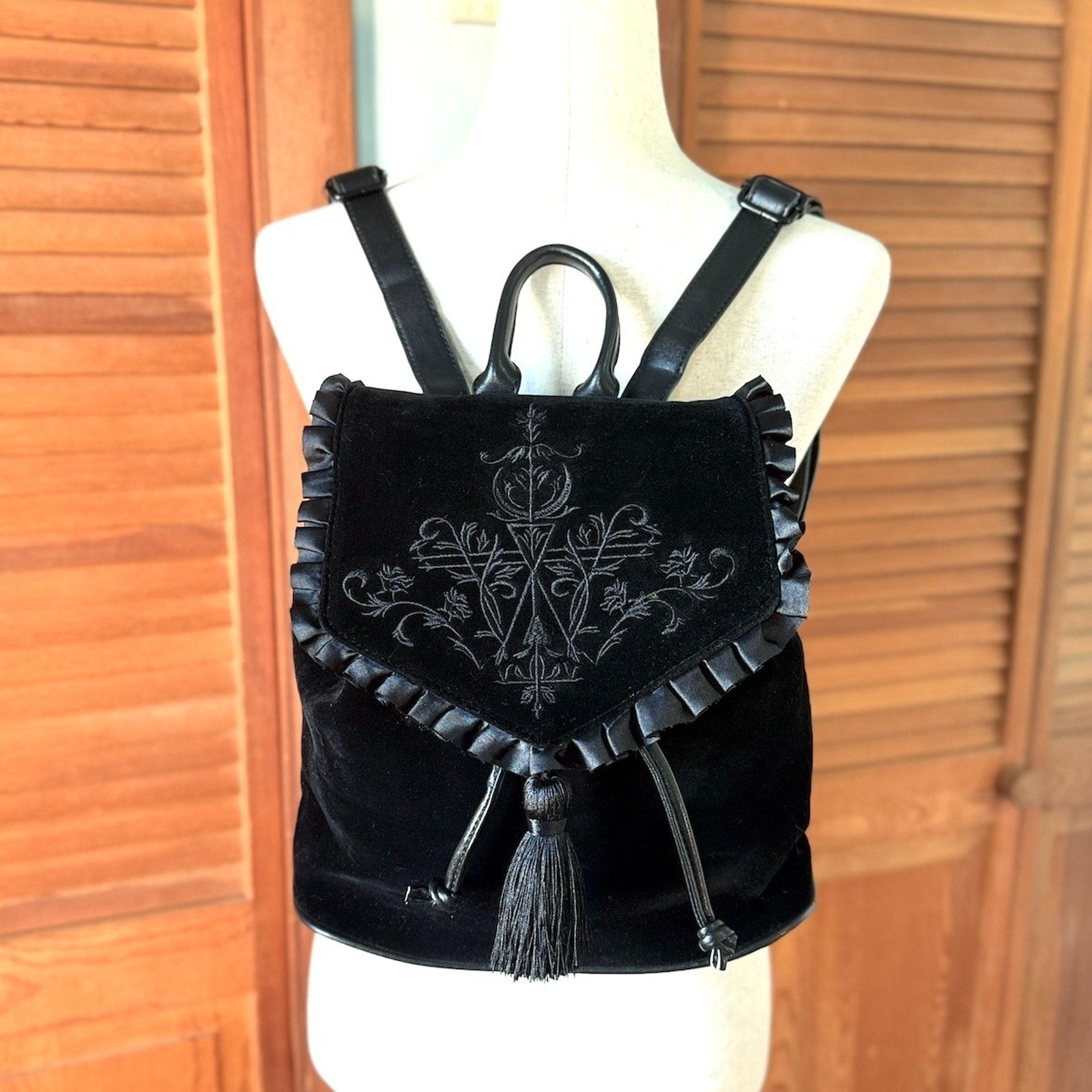 Gothic Victorian Witchy Black Velvet Embroidered Mini Backpack Bucket Purse Bag