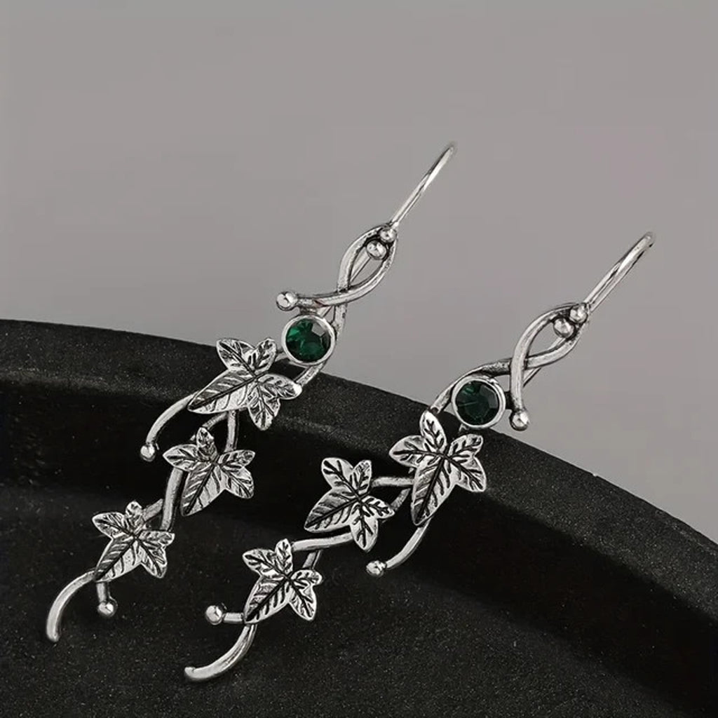 Gothic Victorian Fairycore Silver Leaf & Green Stone Earrings