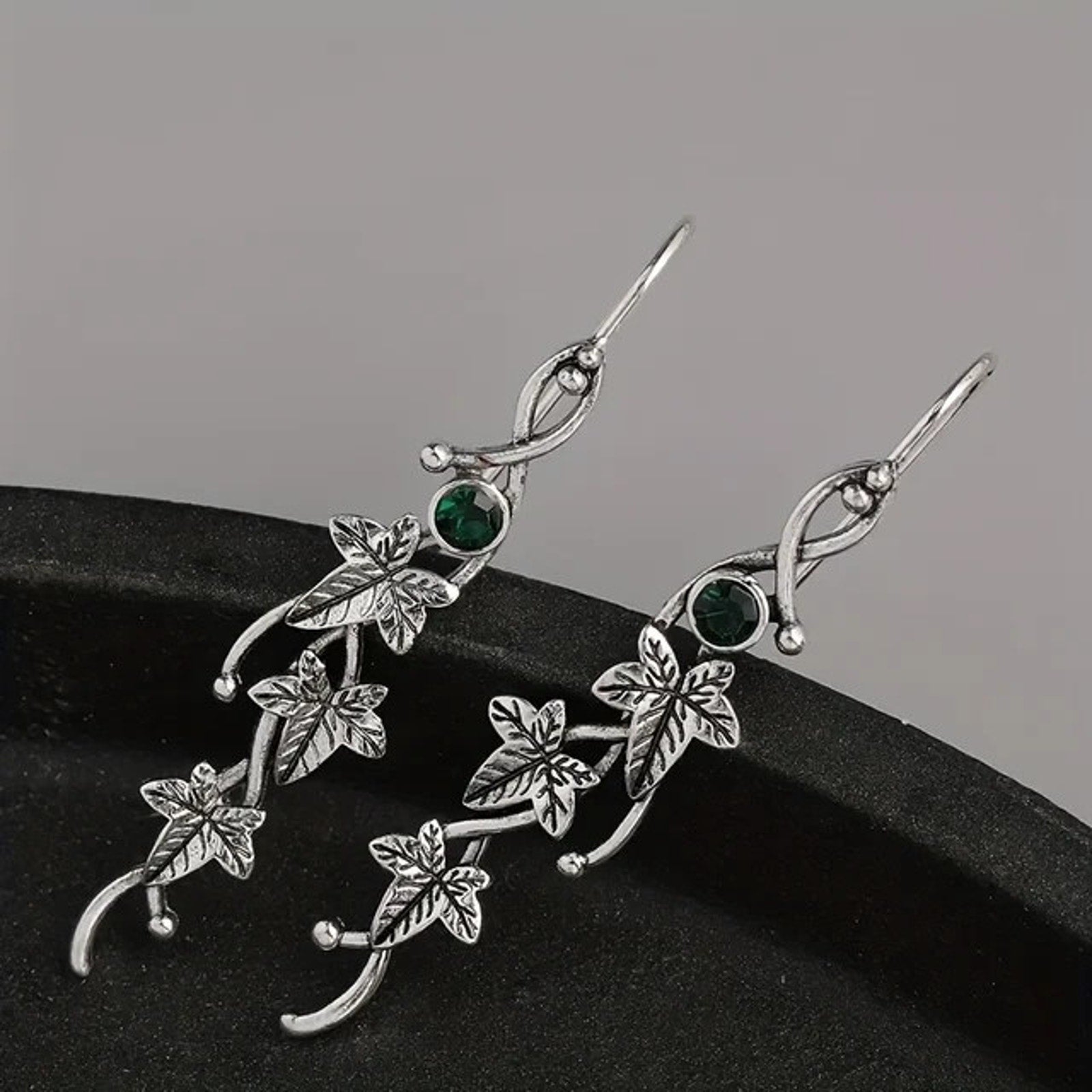 Gothic Victorian Fairycore Silver Leaf & Green Stone Earrings