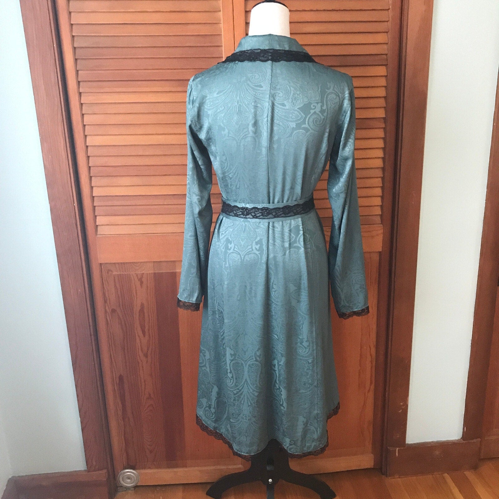 Gothic Lolita Victorian Green Jacquard Light Duster Jacket Dress w/ Bow XS