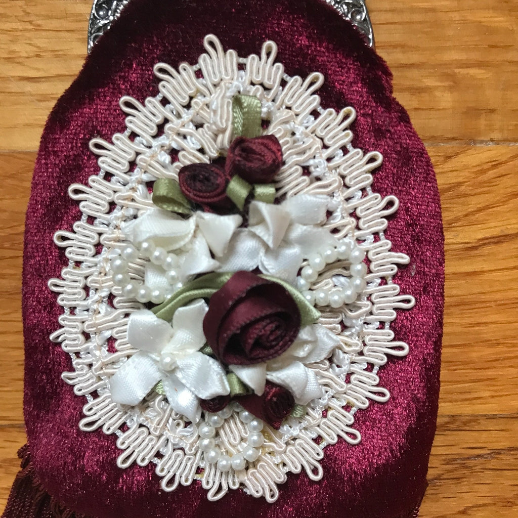 Gothic Victorian Vampire Burgundy Velvet White Lace Roses Lilies Tiny Coin Bag