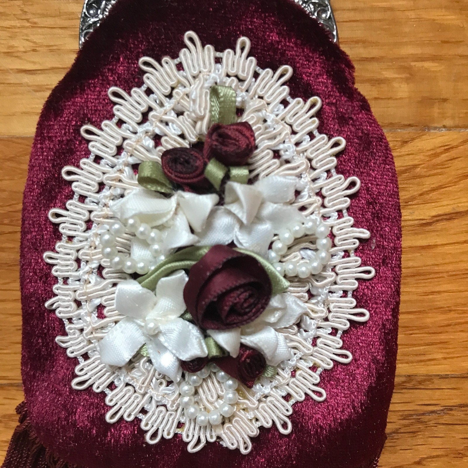 Gothic Victorian Vampire Burgundy Velvet White Lace Roses Lilies Tiny Coin Bag