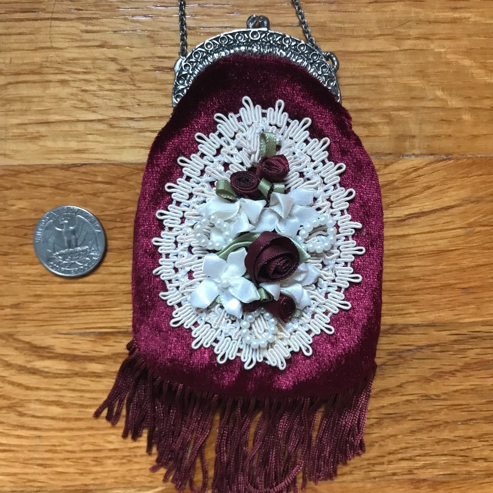 Gothic Victorian Vampire Burgundy Velvet White Lace Roses Lilies Tiny Coin Bag
