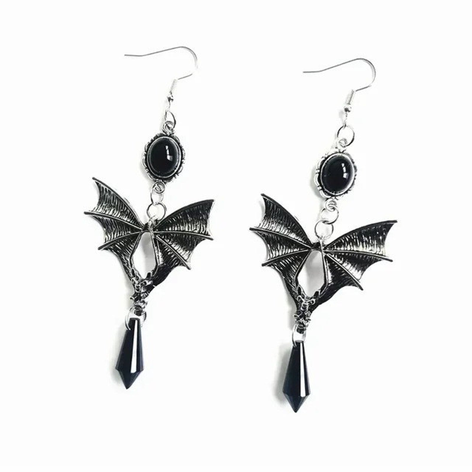 Gothic Victorian Vampire Witchcore Black & Silver Large Batwing Earrings