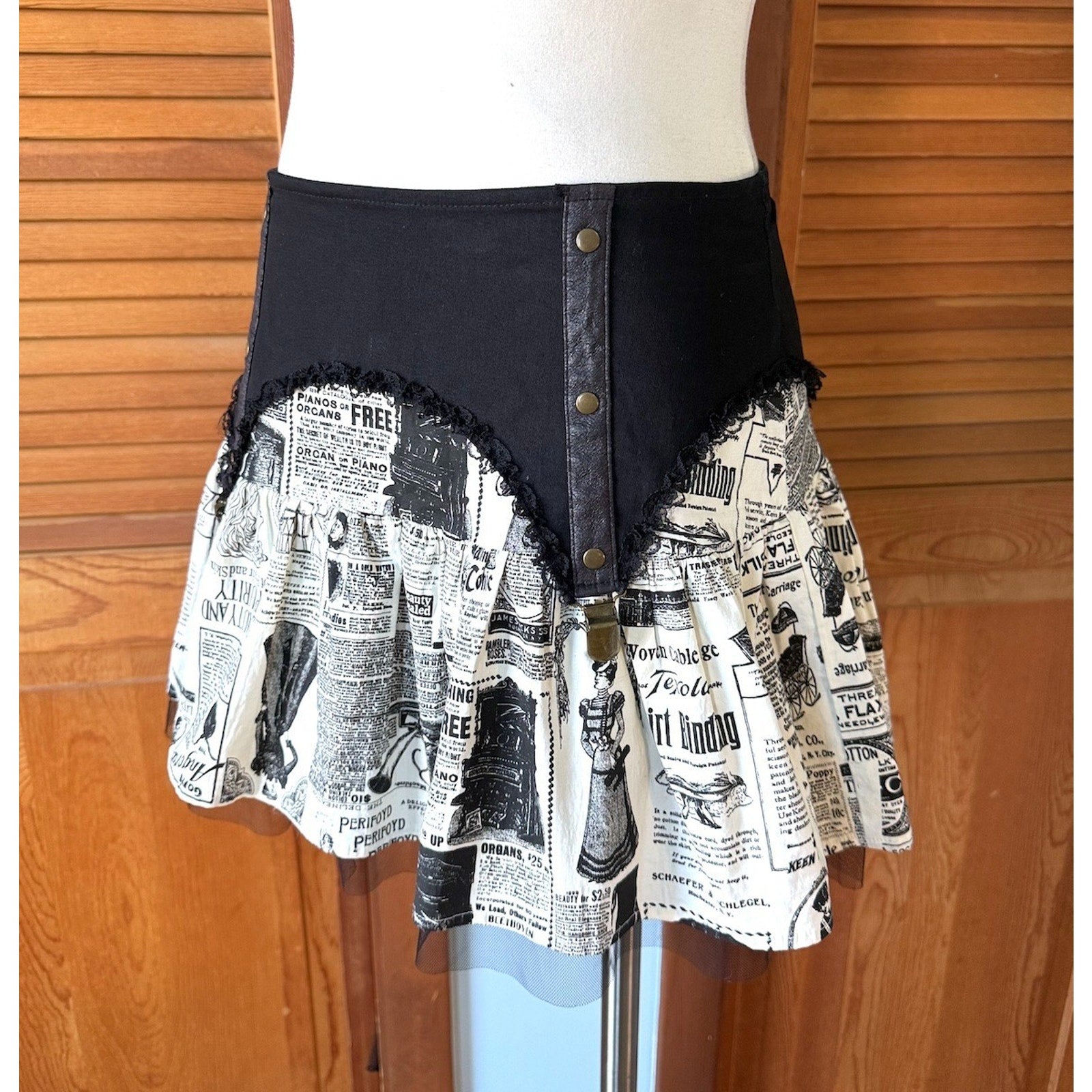 Vintage Lip Service Step in Time Goth Steampunk Victorian Newsprint Mini Skirt M