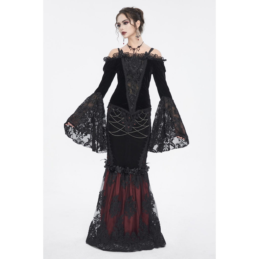 Devil Fashion Gothic Victorian Vampire Black Velvet Beaded Rose & Lace Top