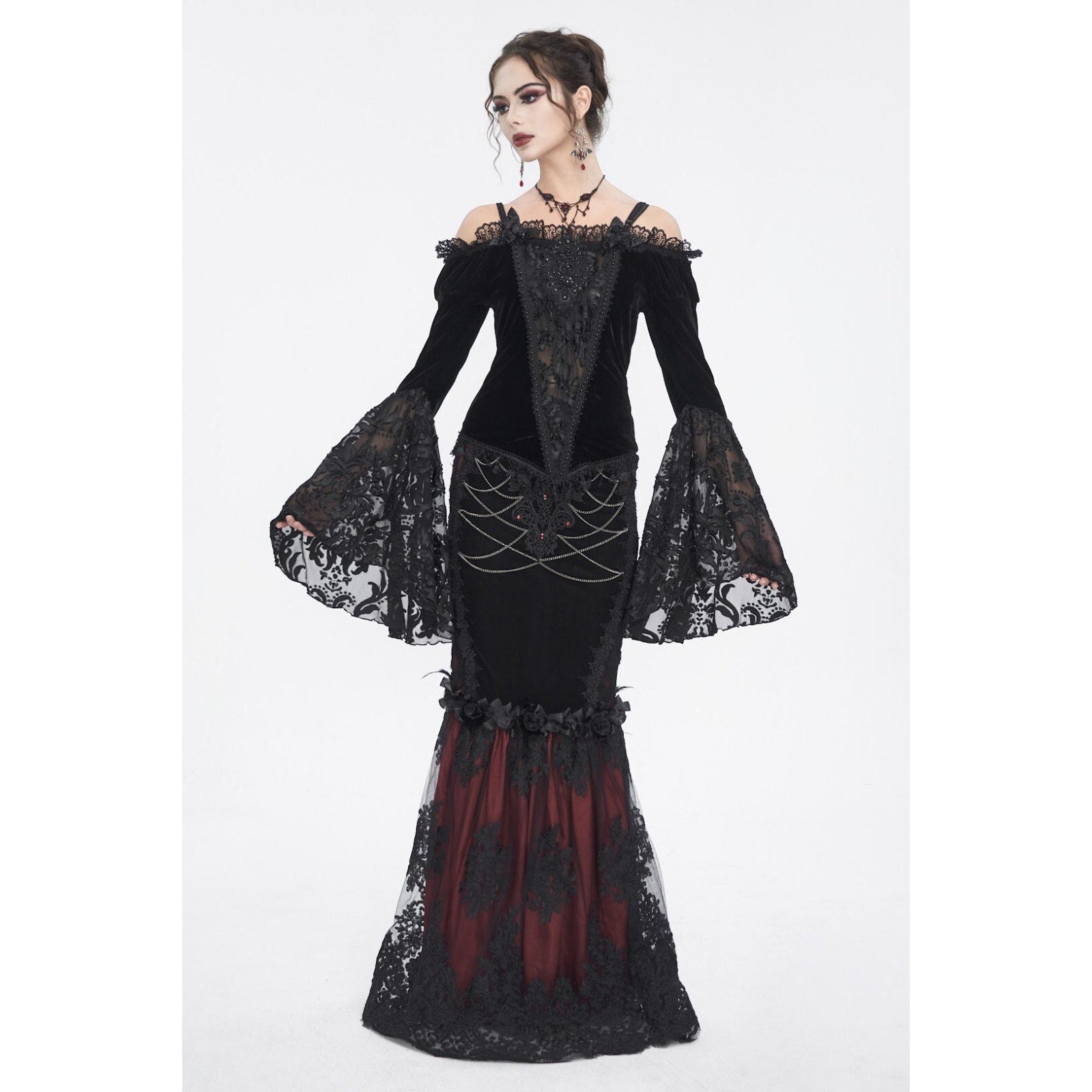 Devil Fashion Gothic Victorian Vampire Black Velvet Beaded Rose & Lace Top