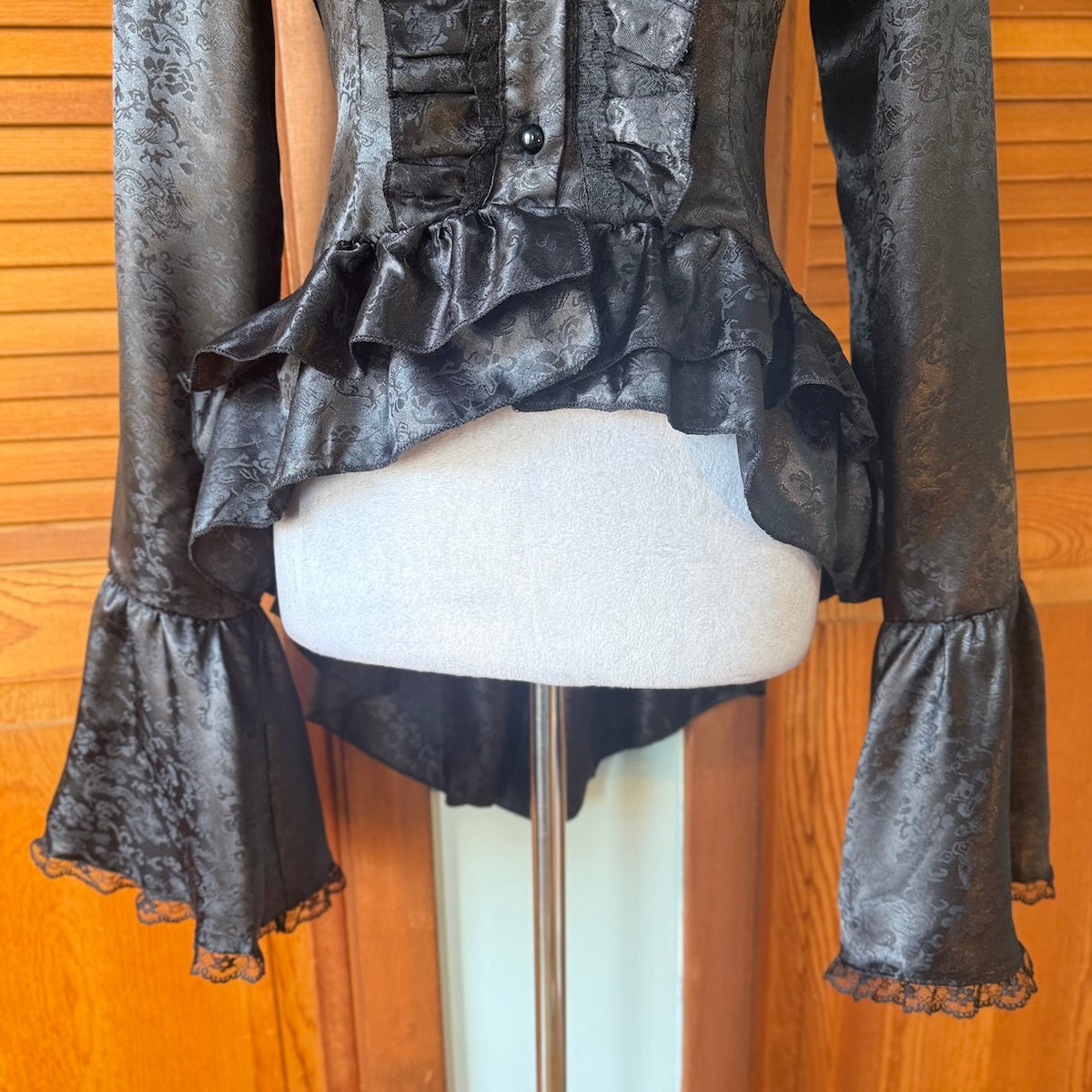 Gothic Victorian Aristocrat Visual Kei Black Brocade Small Jabot Ruffle Shirt